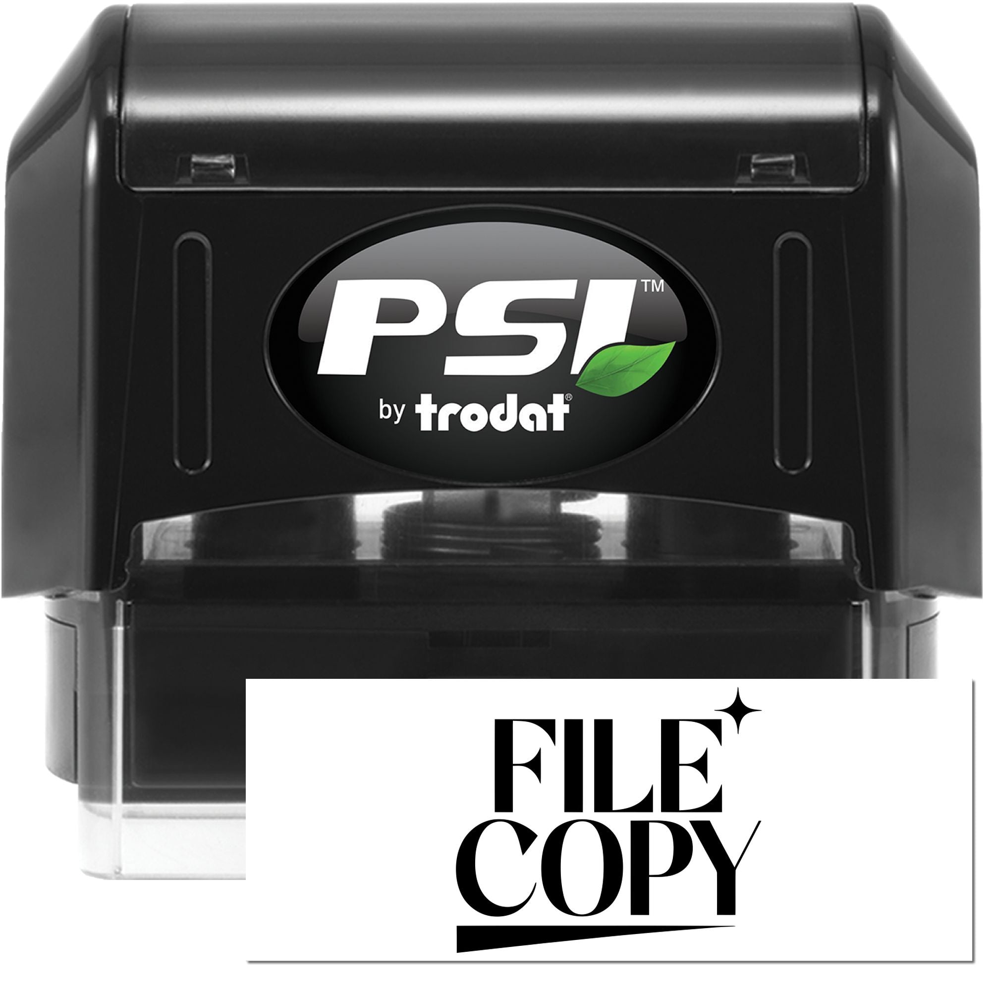 PSI by Trodat self-inking rubber stamp with FILE COPY imprint for office document control.