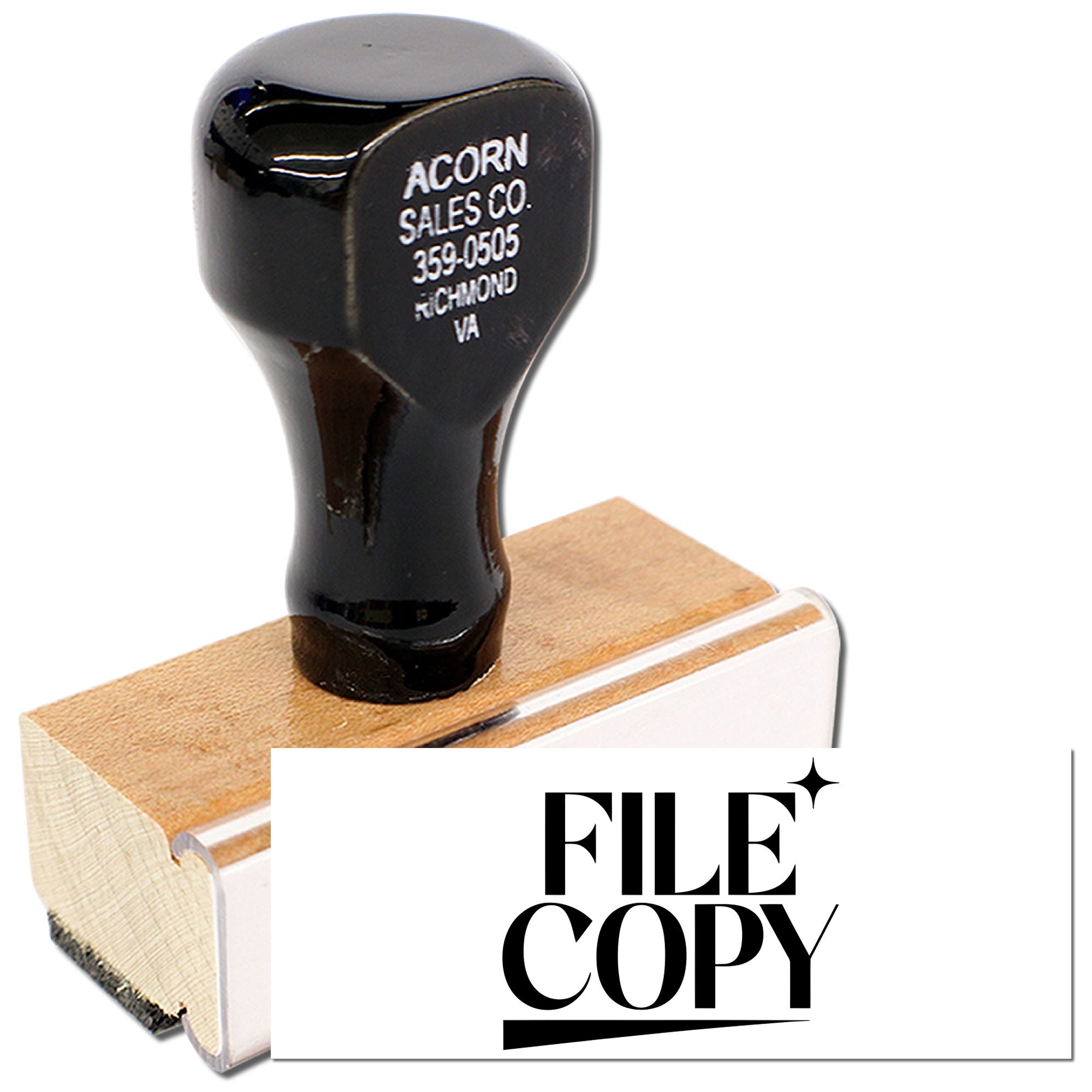 Custom File Copy rubber stamp on wooden mount for office document marking and records management.