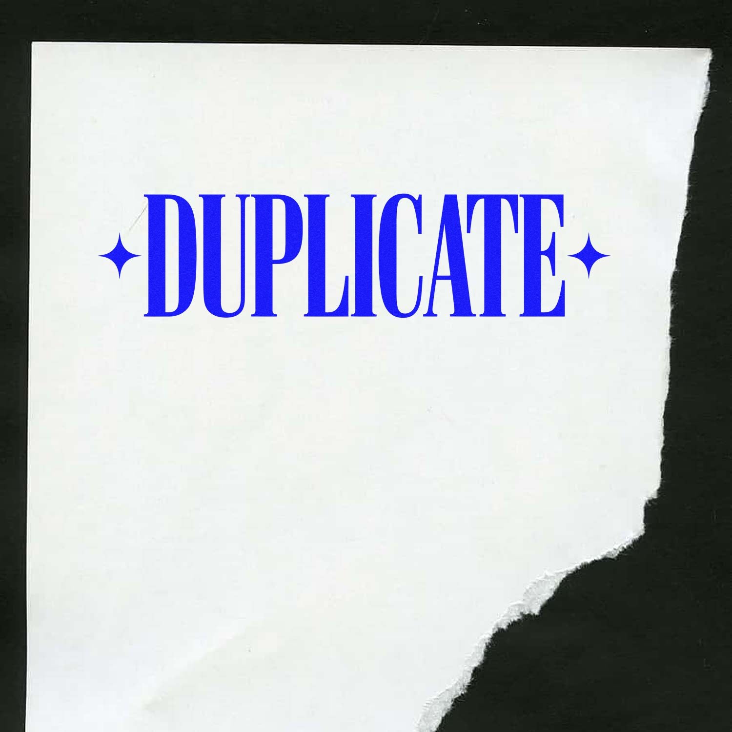 DUPLICATE rubber stamp design in blue on torn white paper, ideal for marking copies and office documents.