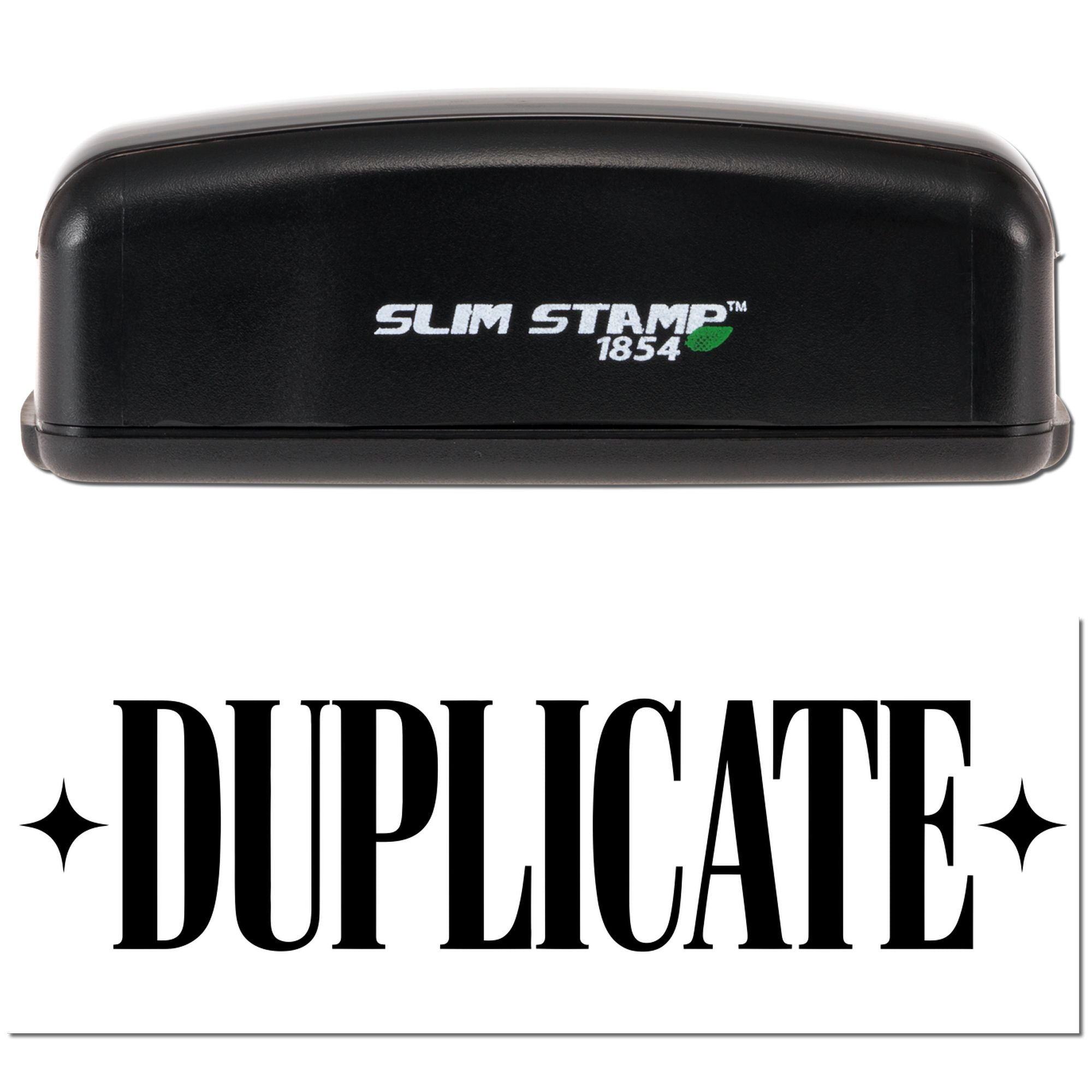 Slim Stamp 1854 self-inking rubber stamp with DUPLICATE imprint for marking office documents.