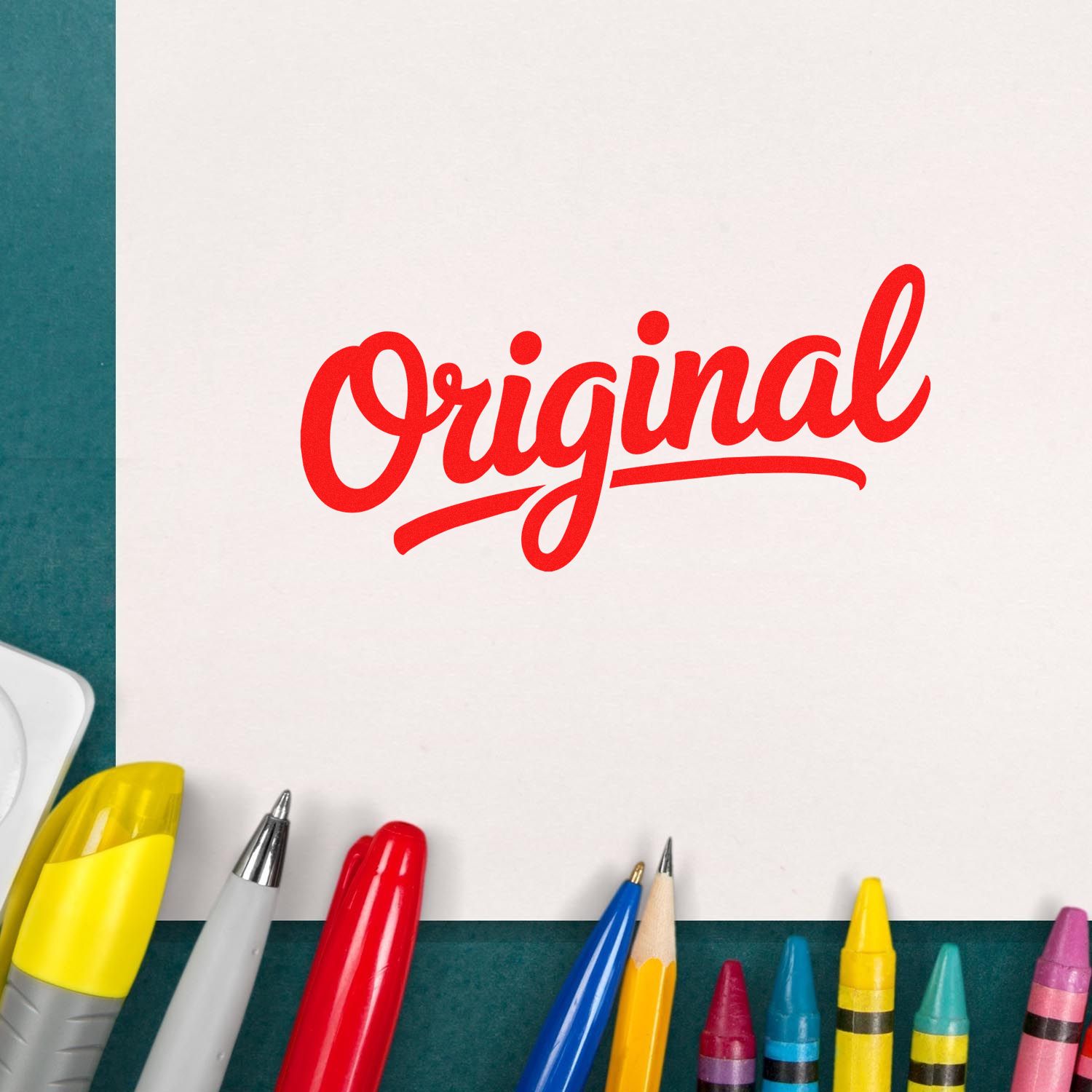 Red Original custom rubber stamp impression on paper, perfect for branding documents, crafts, and packaging.