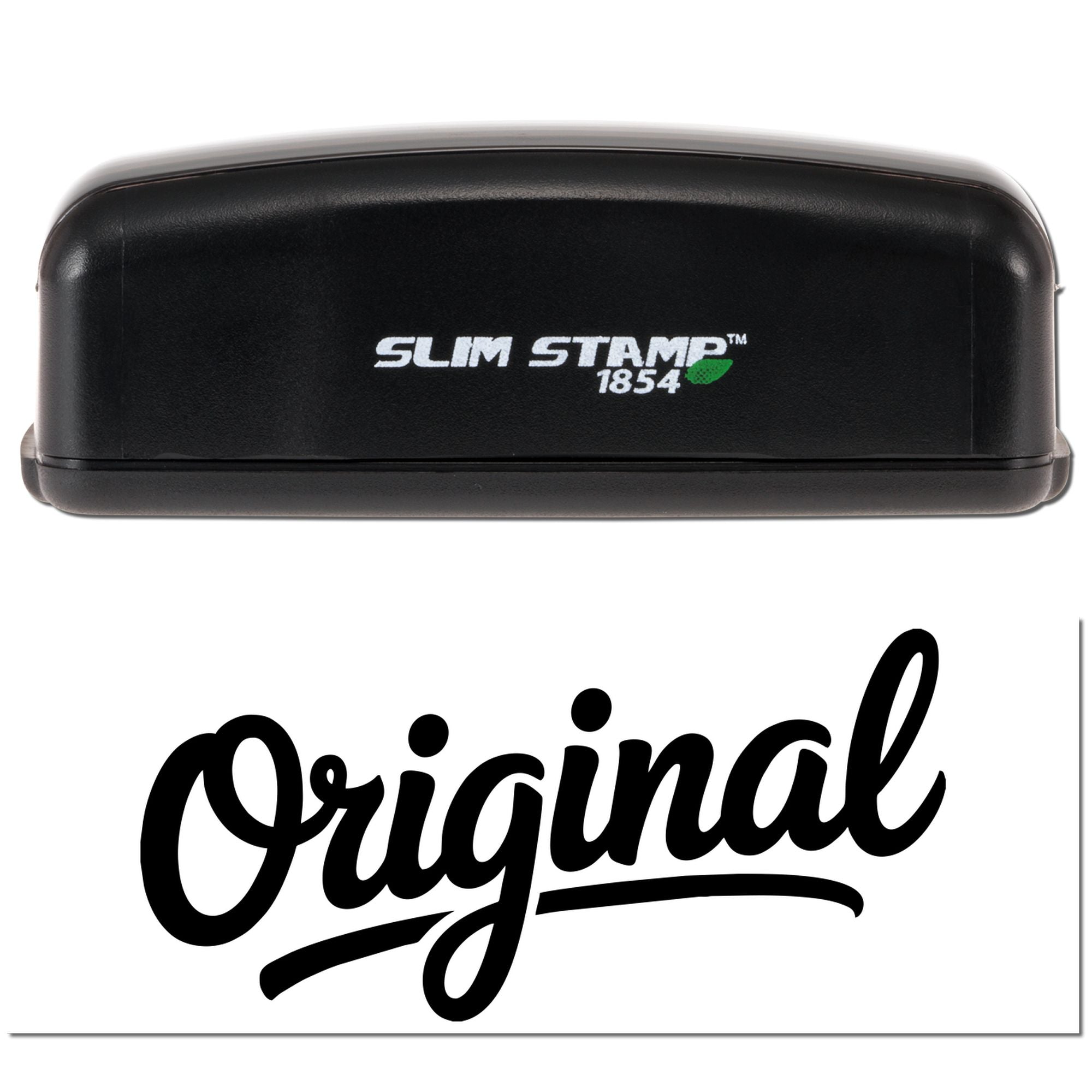 Slim Stamp 1854 rubber stamp showing custom Original script imprint for branding and packaging.