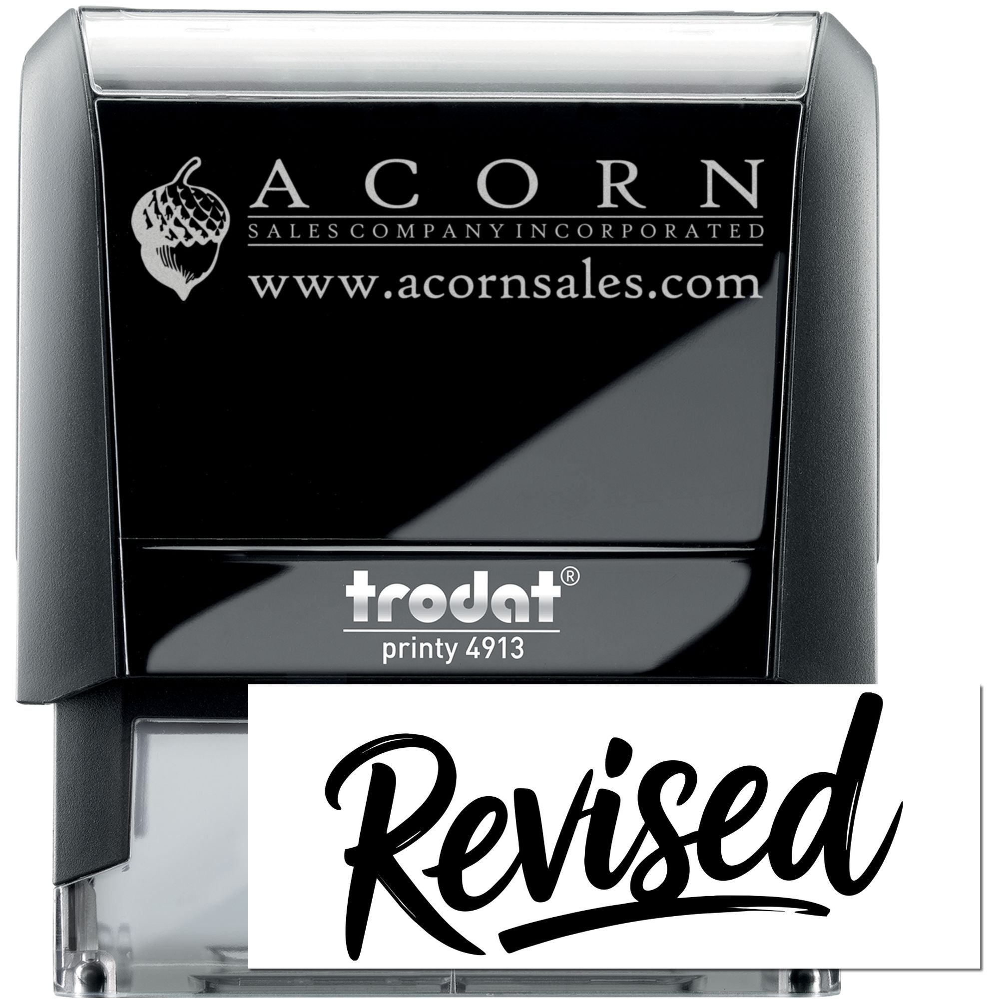 Custom self-inking Trodat Printy 4913 rubber stamp for Acorn Sales Company, marking documents as Revised.