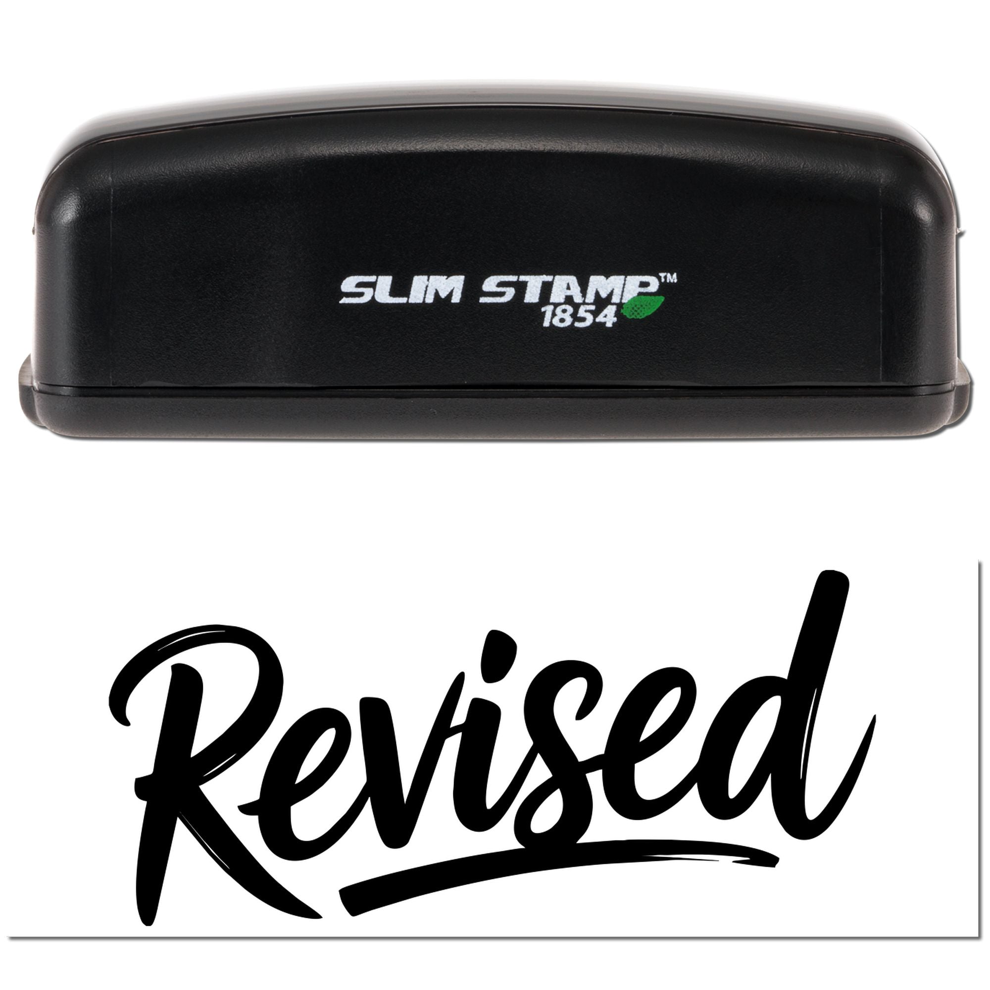 Slim Stamp 1854 self-inking rubber stamp with Revised imprint for document updates and office approval.