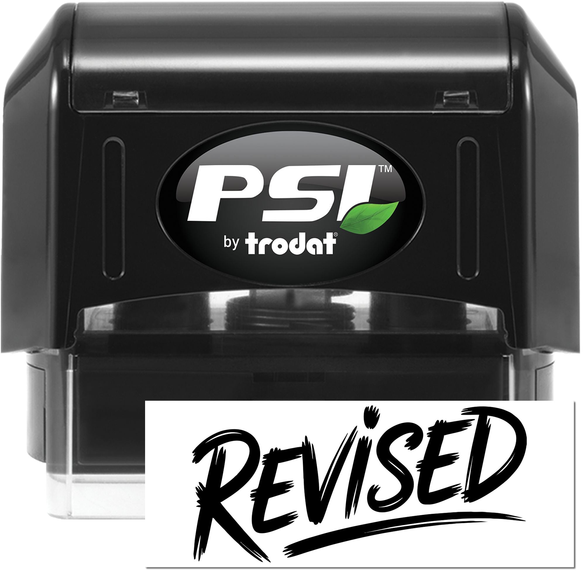 PSI by Trodat self-inking rubber stamp with Revised imprint for document review and office approval.