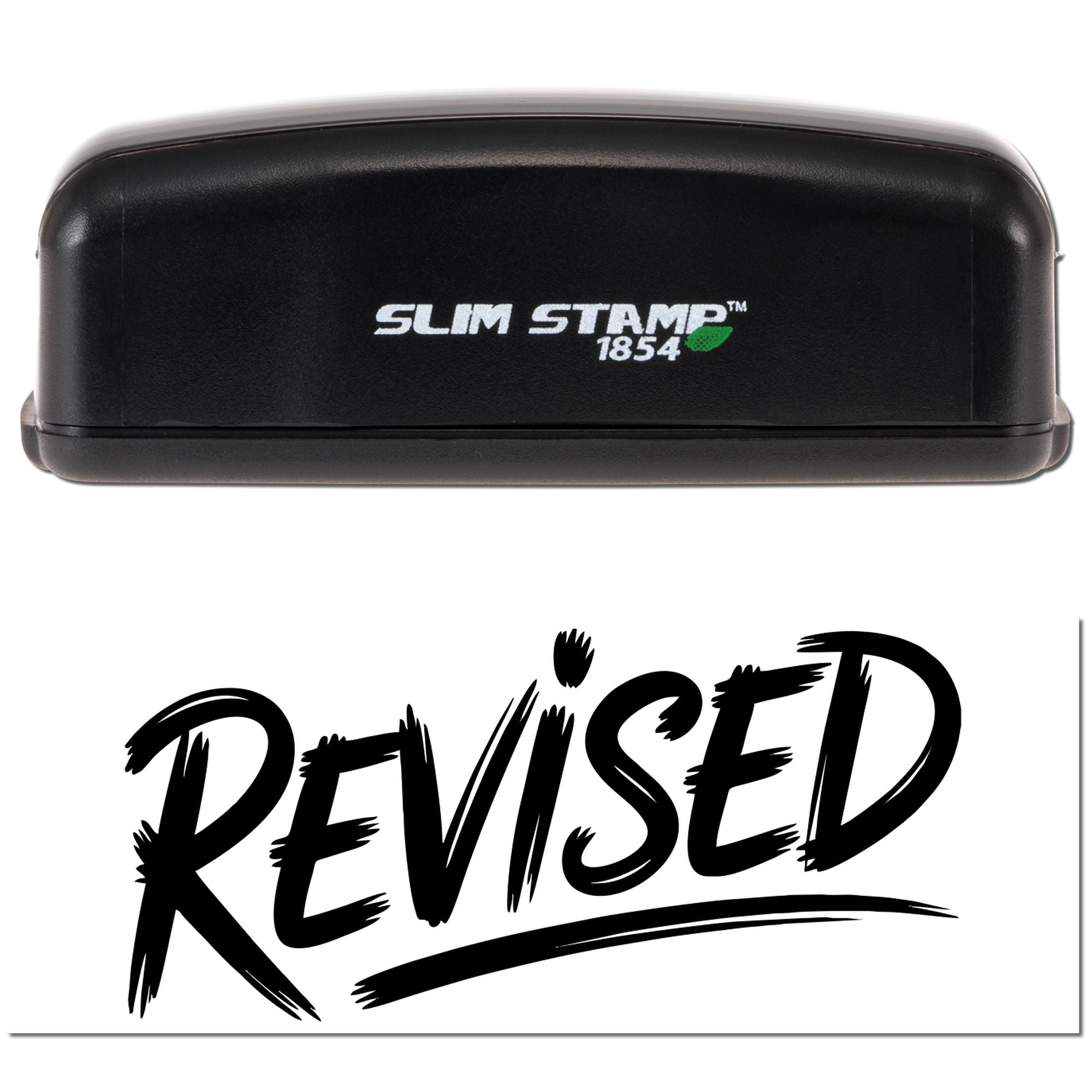 Slim Stamp 1854 rubber stamp with bold REVISED imprint for marking updated documents and office paperwork.