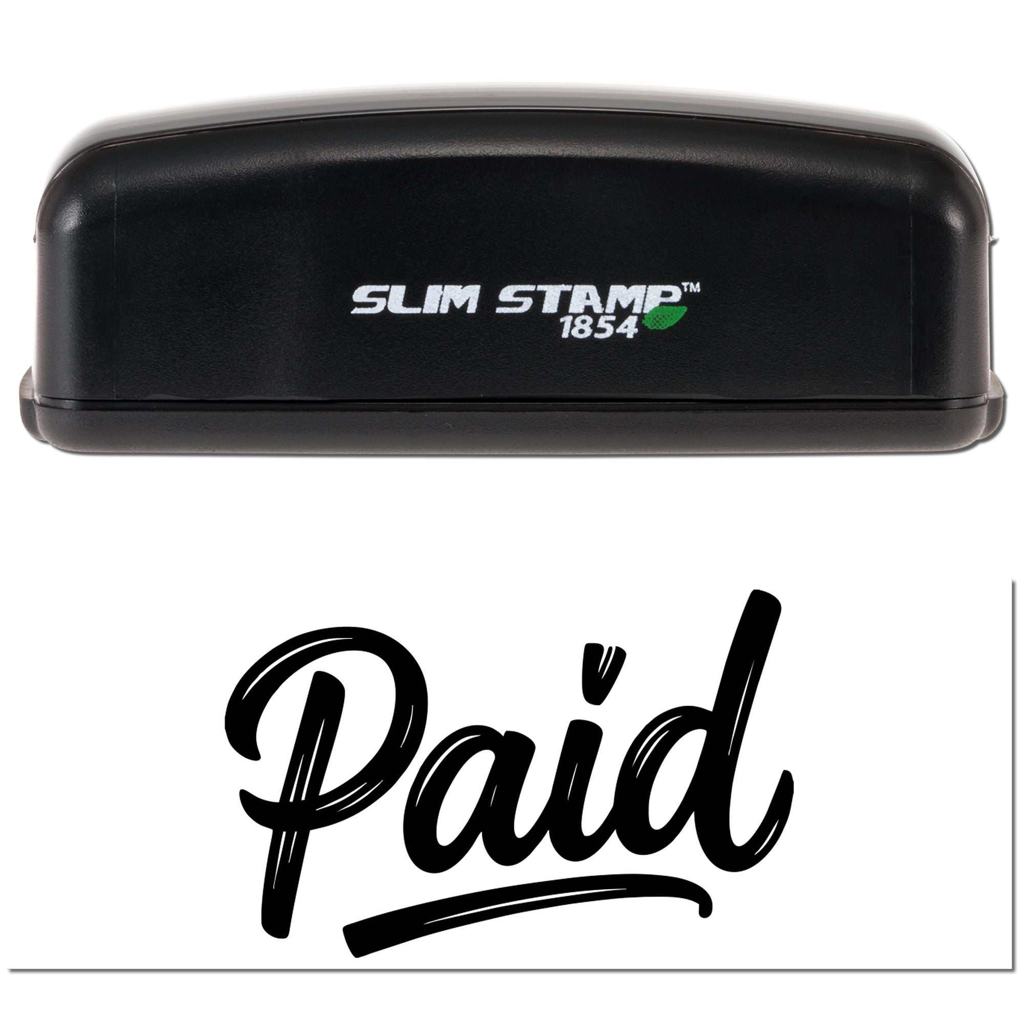 Slim Stamp 1854 self-inking rubber stamp with Paid imprint for invoices, receipts, and office use.