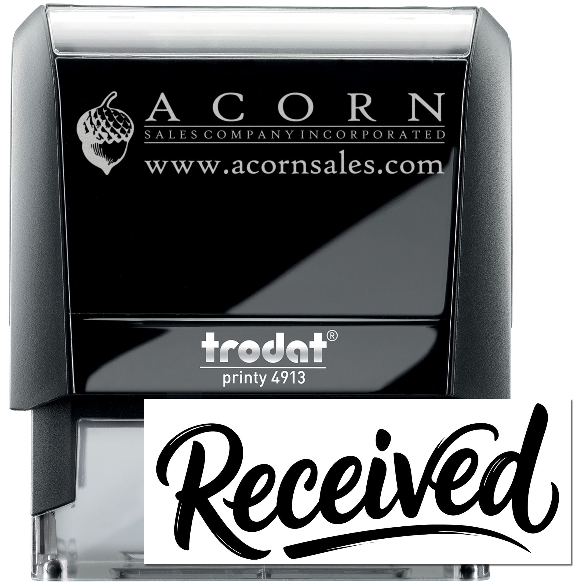 Custom self-inking rubber stamp with Received imprint, Acorn Sales logo, and Trodat Printy 4913 office stamp design.
