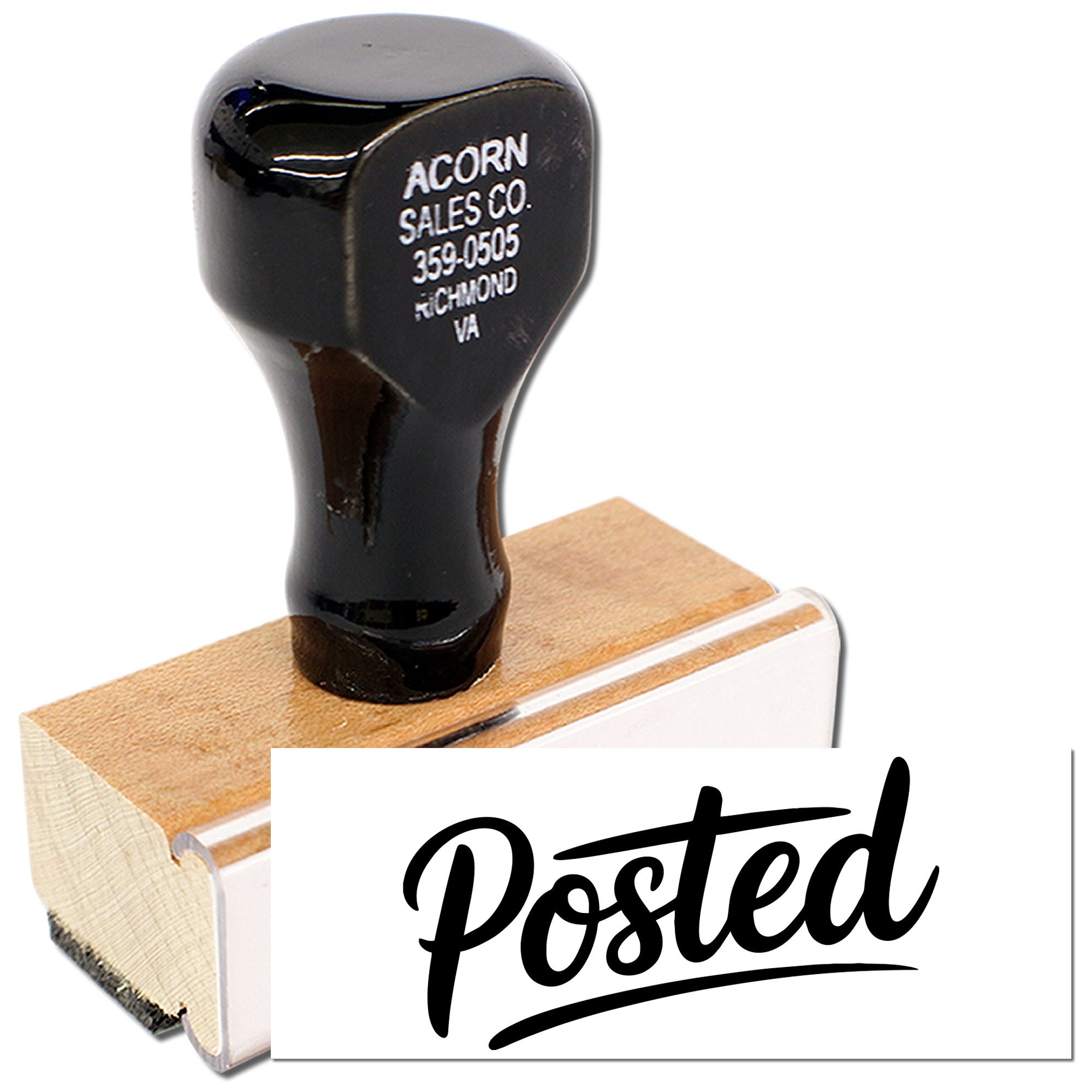 Custom rubber stamp with Posted imprint for office mail, document, and shipping approval marking.