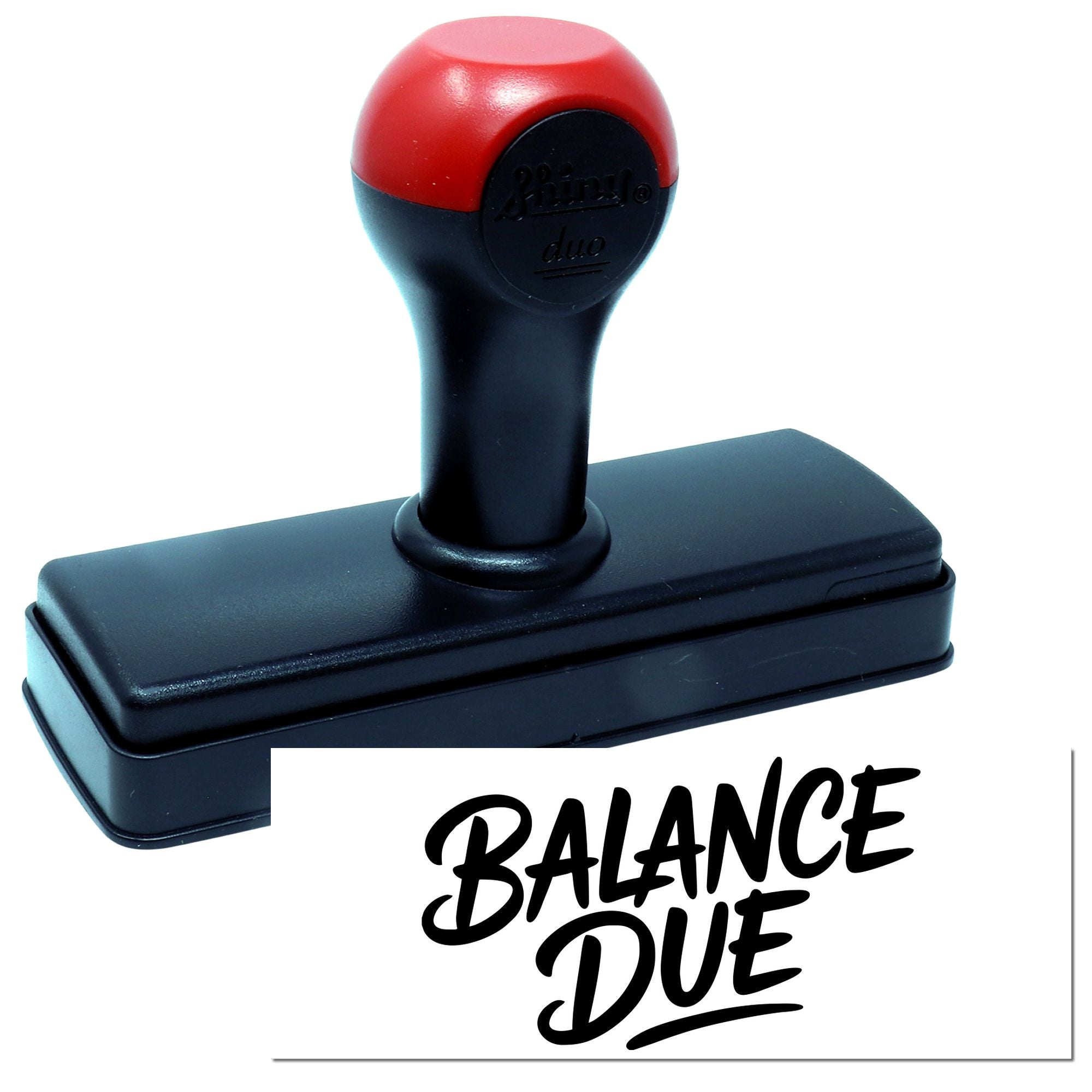 Self-inking rubber stamp with BALANCE DUE imprint for invoices, accounting, and office paperwork.