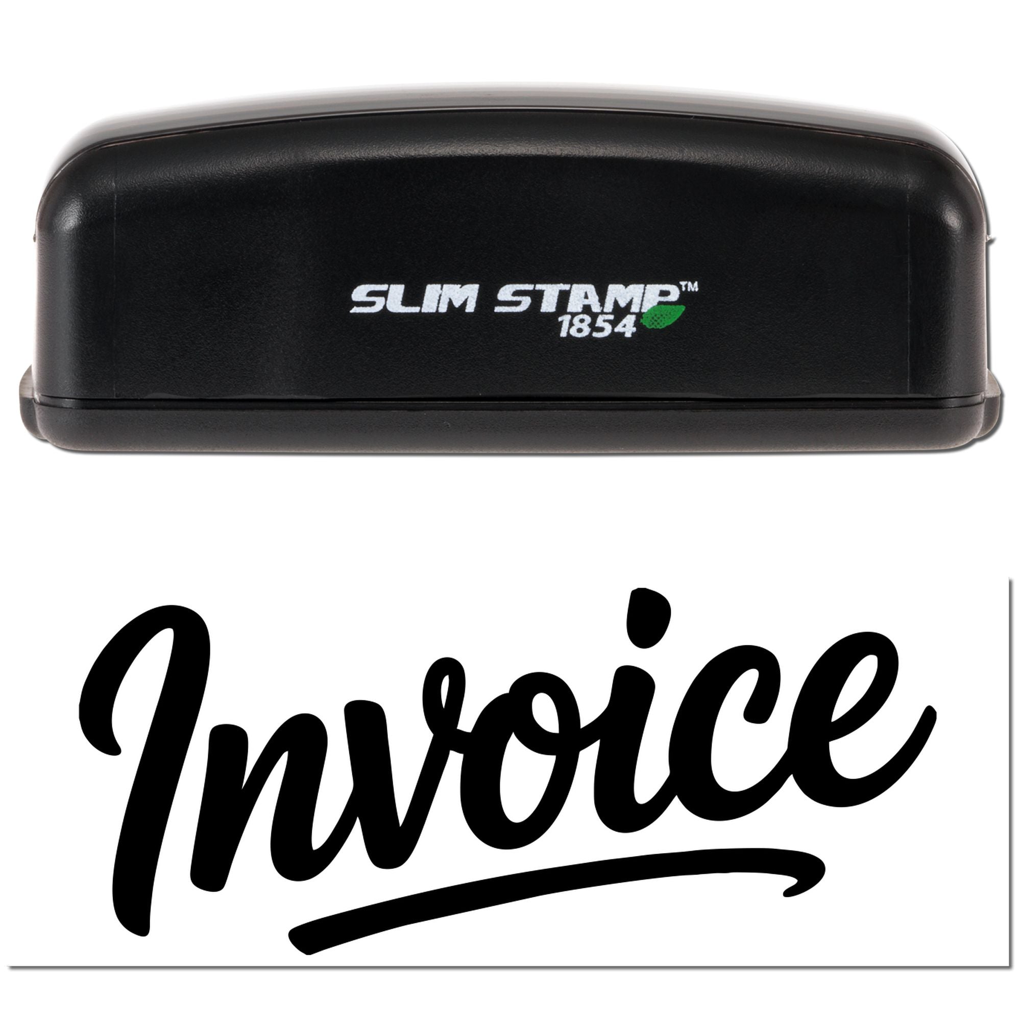 Slim Stamp 1854 self-inking rubber stamp with bold Invoice imprint for business billing and office paperwork.