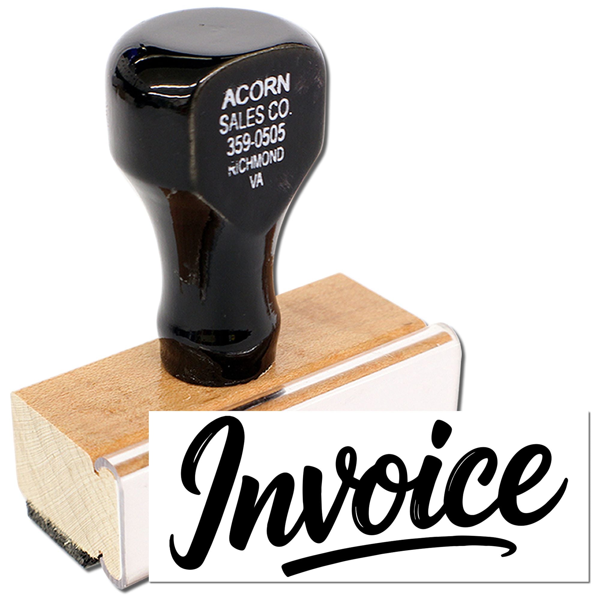 Invoice rubber stamp with wooden handle for marking billing documents and office paperwork.