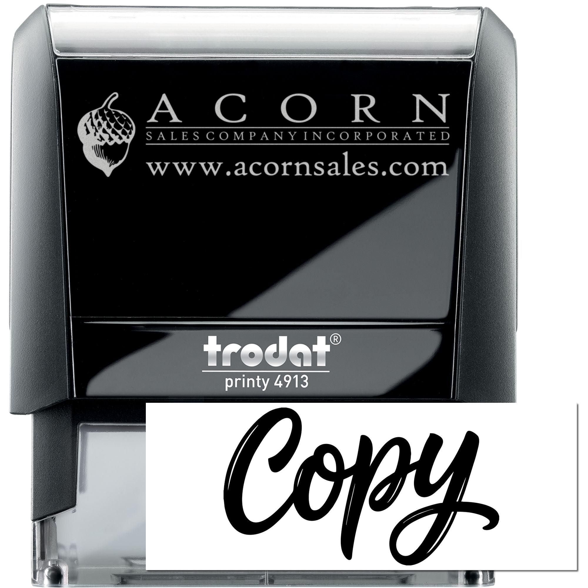 Custom self-inking rubber stamp with Acorn Sales Company logo, website, and copy imprint.