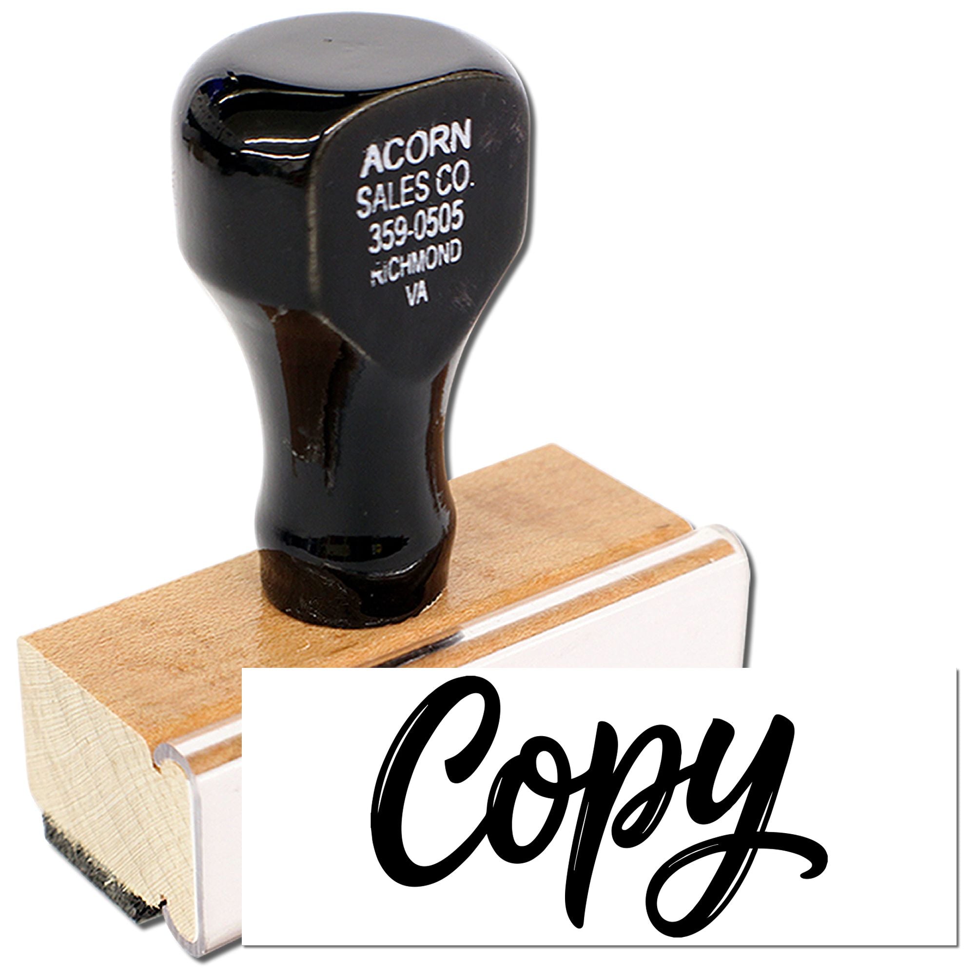Copy rubber stamp with wooden handle for marking document copies in office and mailing workflows.