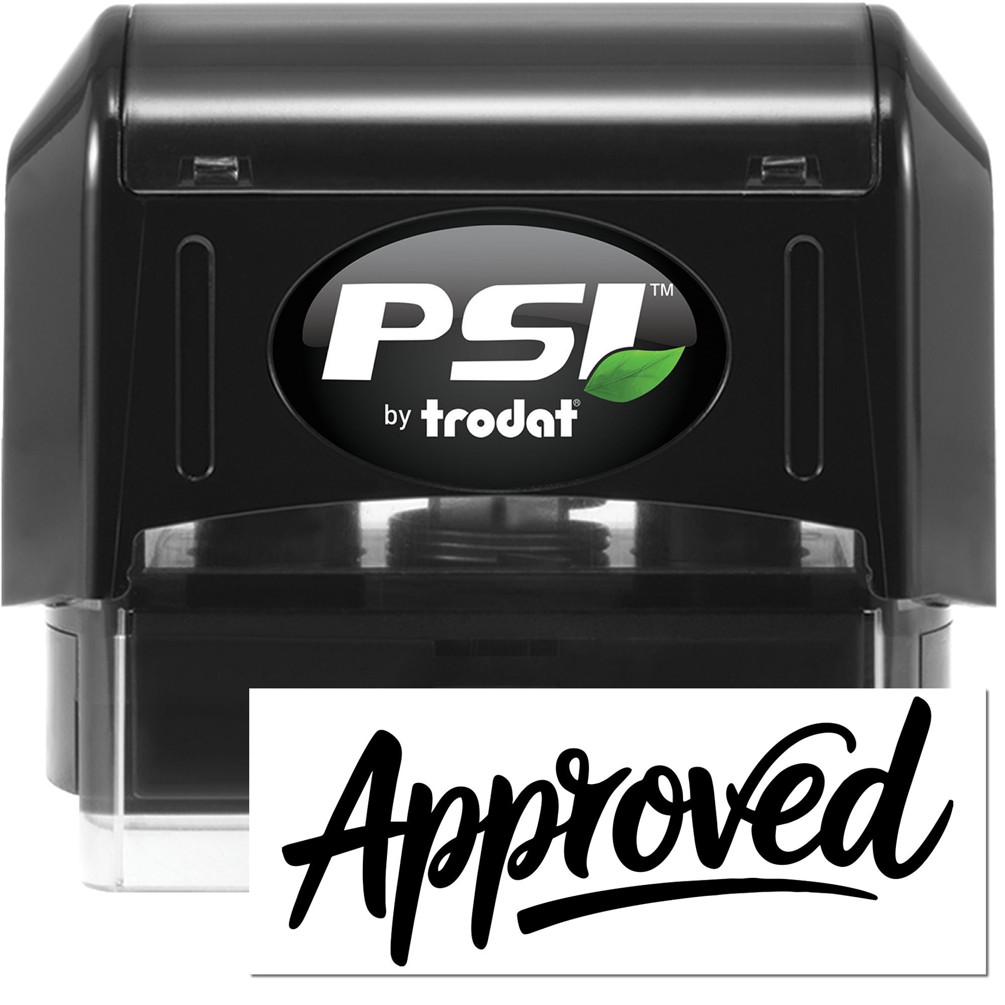 PSI by Trodat self-inking rubber stamp with Approved imprint for office document approval.