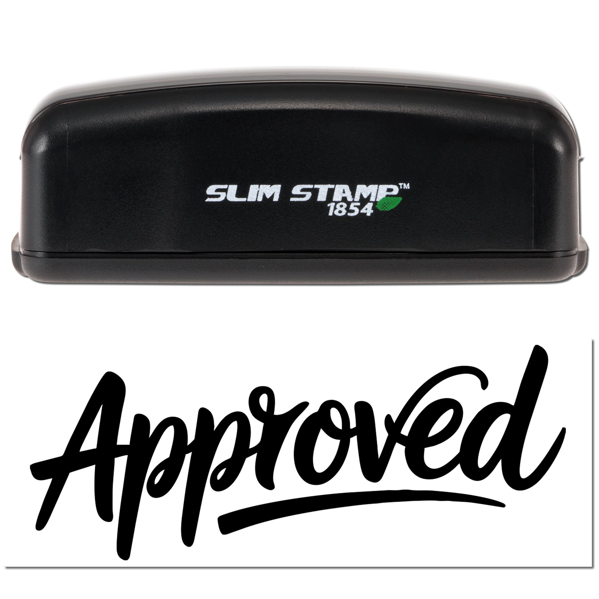 Slim Stamp 1854 self-inking rubber stamp with Approved script imprint for office document approval