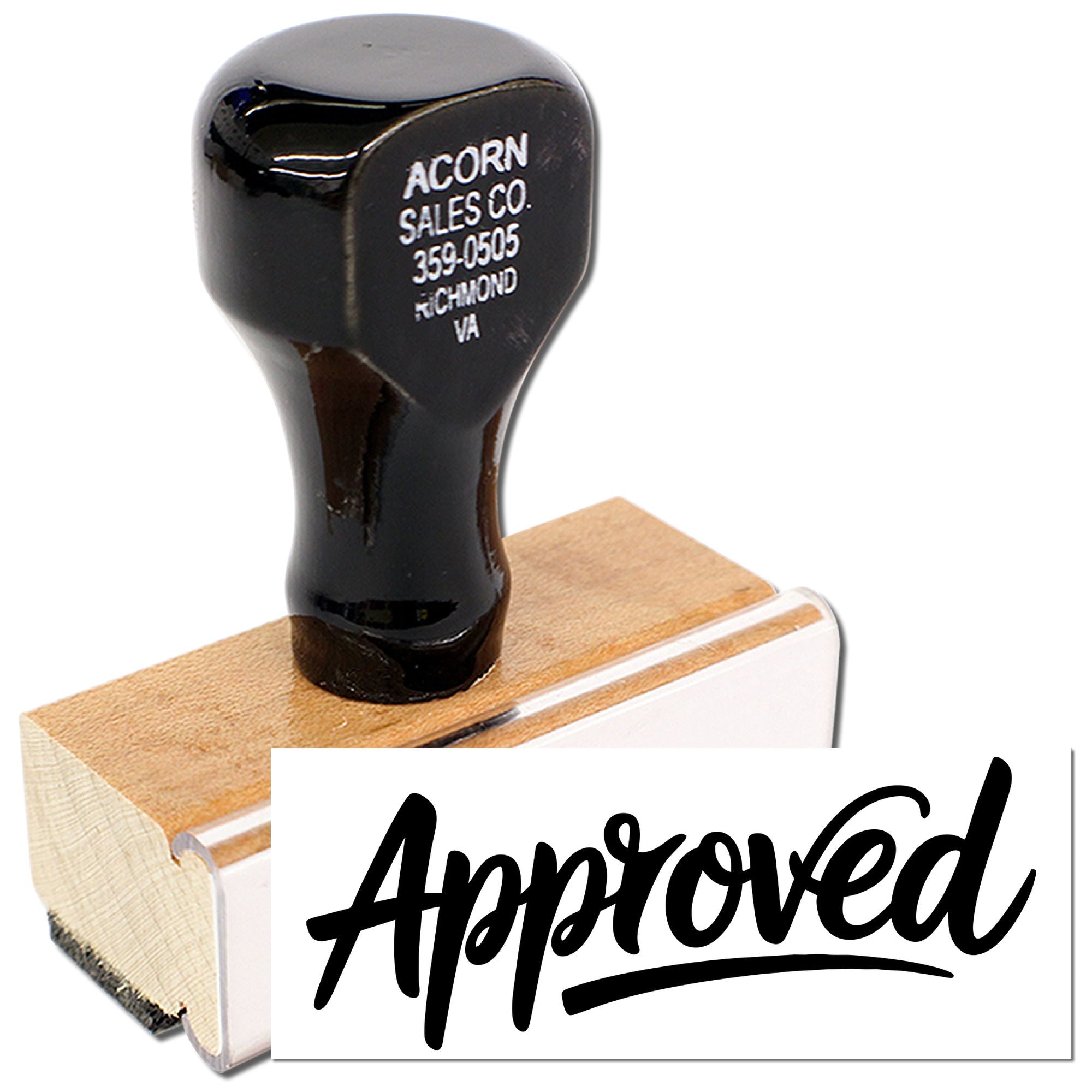 Custom wooden rubber stamp with Approved imprint for office documents and business approvals.