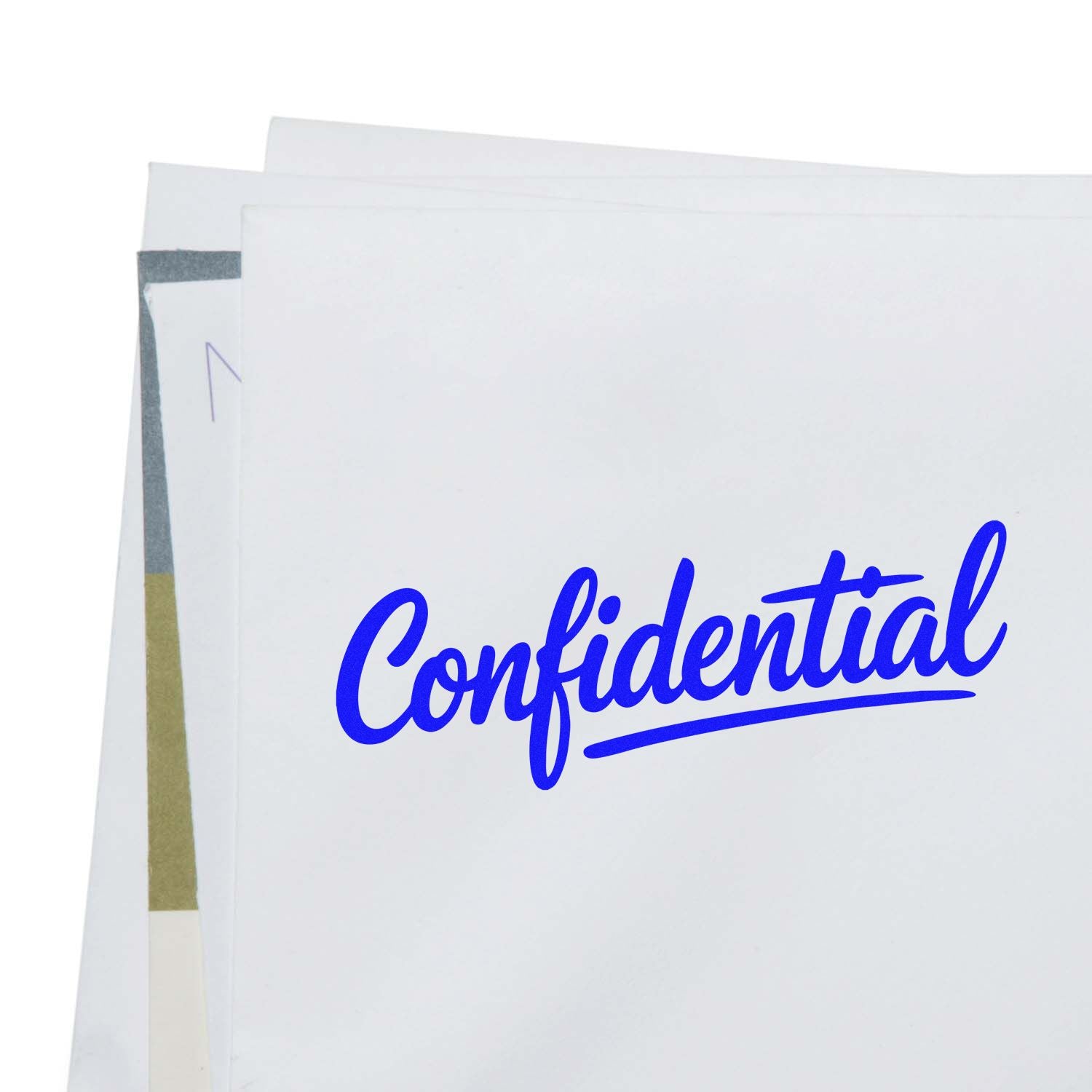 Confidential rubber stamp on stacked envelopes and documents for secure mail and files