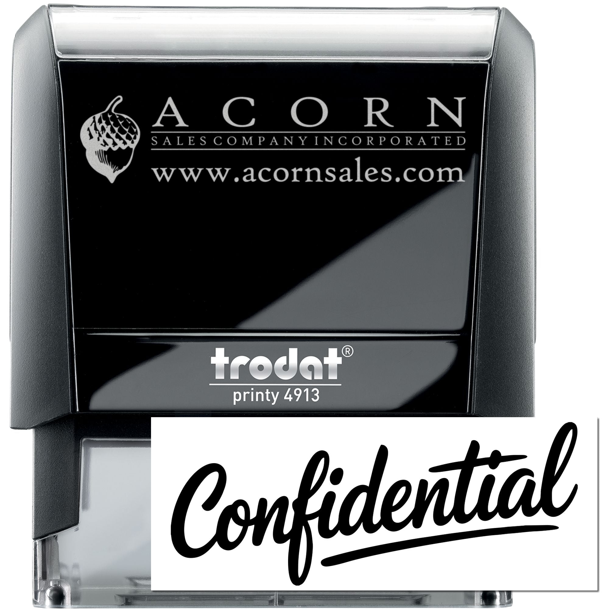 Custom business rubber stamp, Trodat Printy 4913 self-inking, with Acorn Sales logo and Confidential imprint.