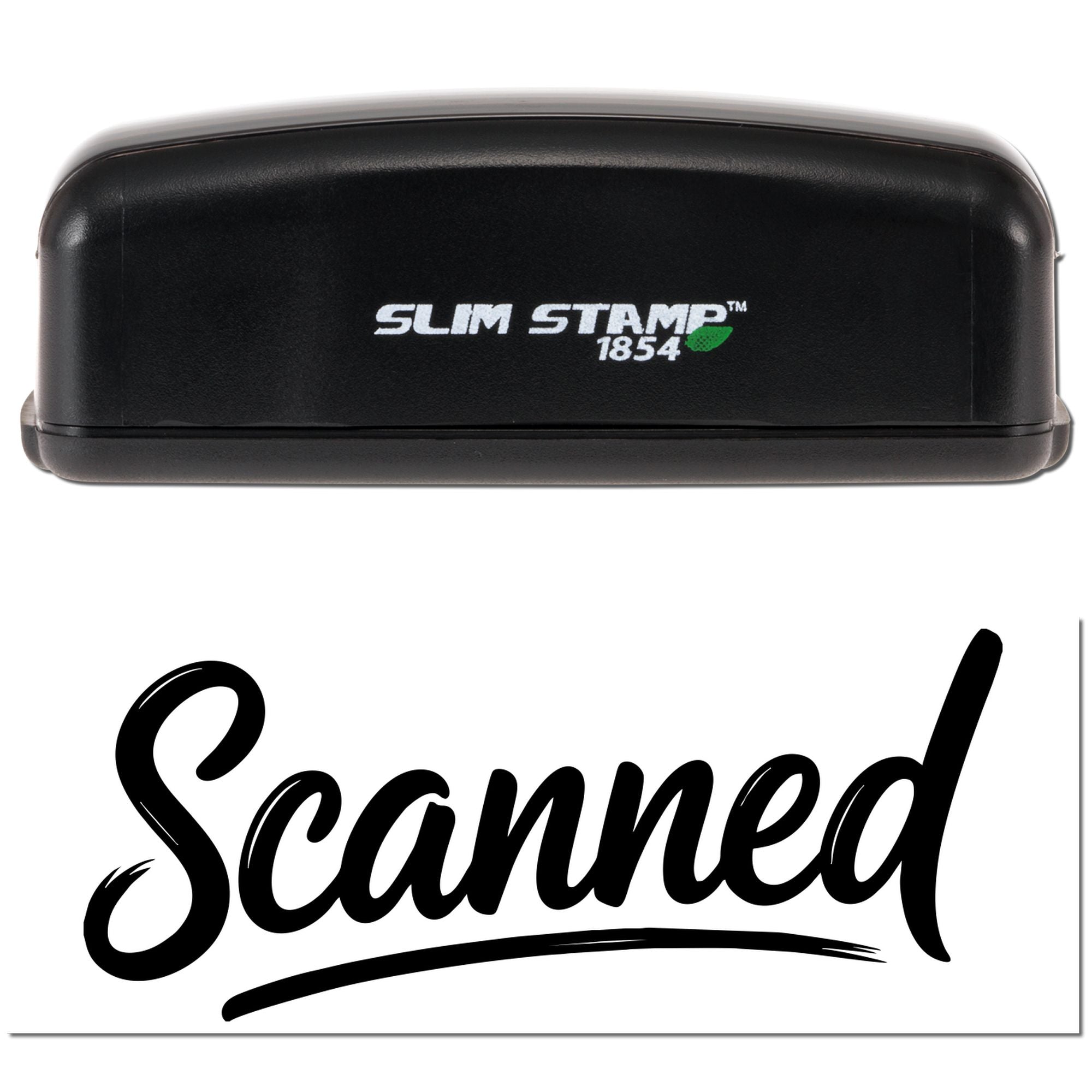 Slim Stamp 1854 self-inking rubber stamp with Scanned imprint for document tracking.