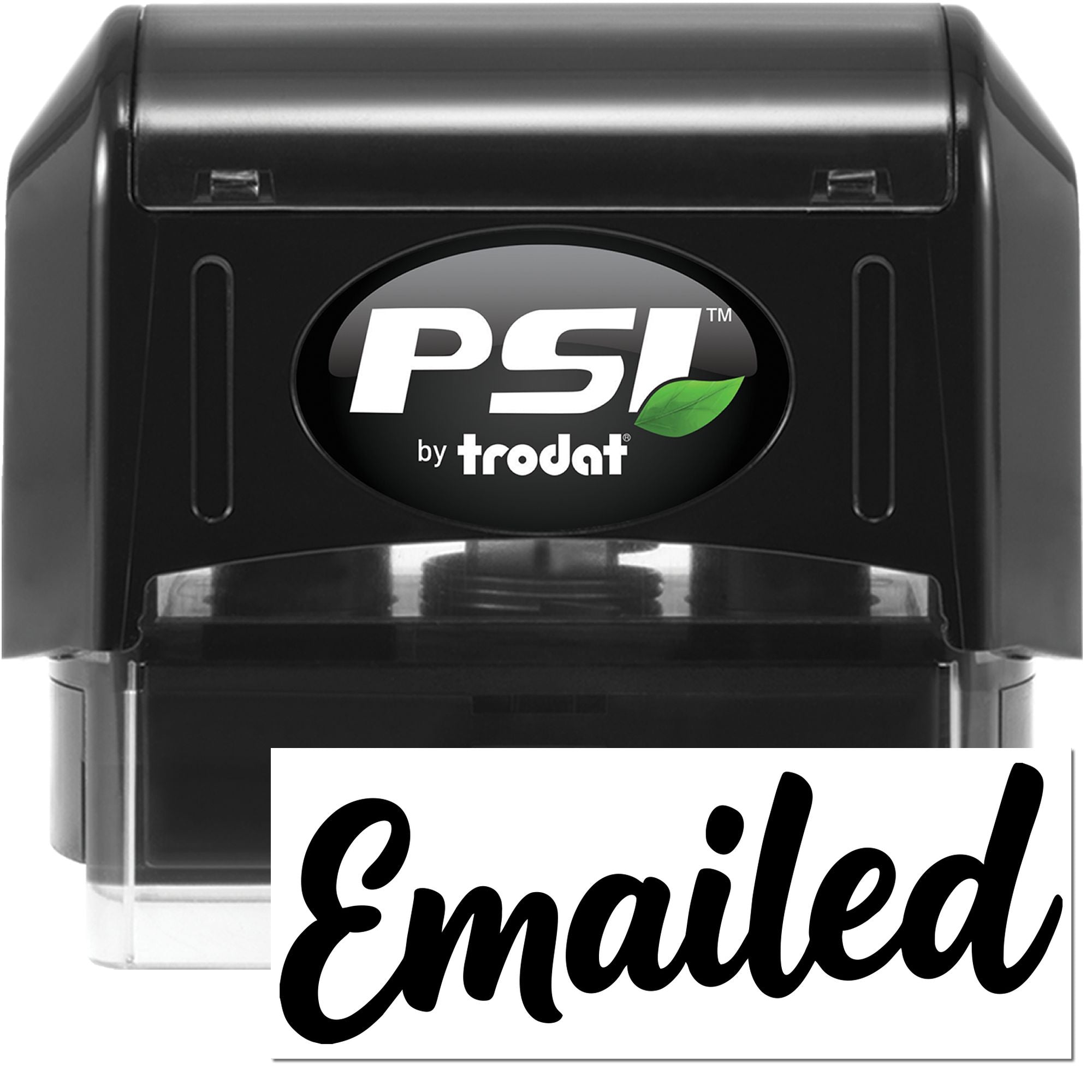 PSI by Trodat self-inking rubber stamp with Emailed imprint for office document tracking and mail processing.