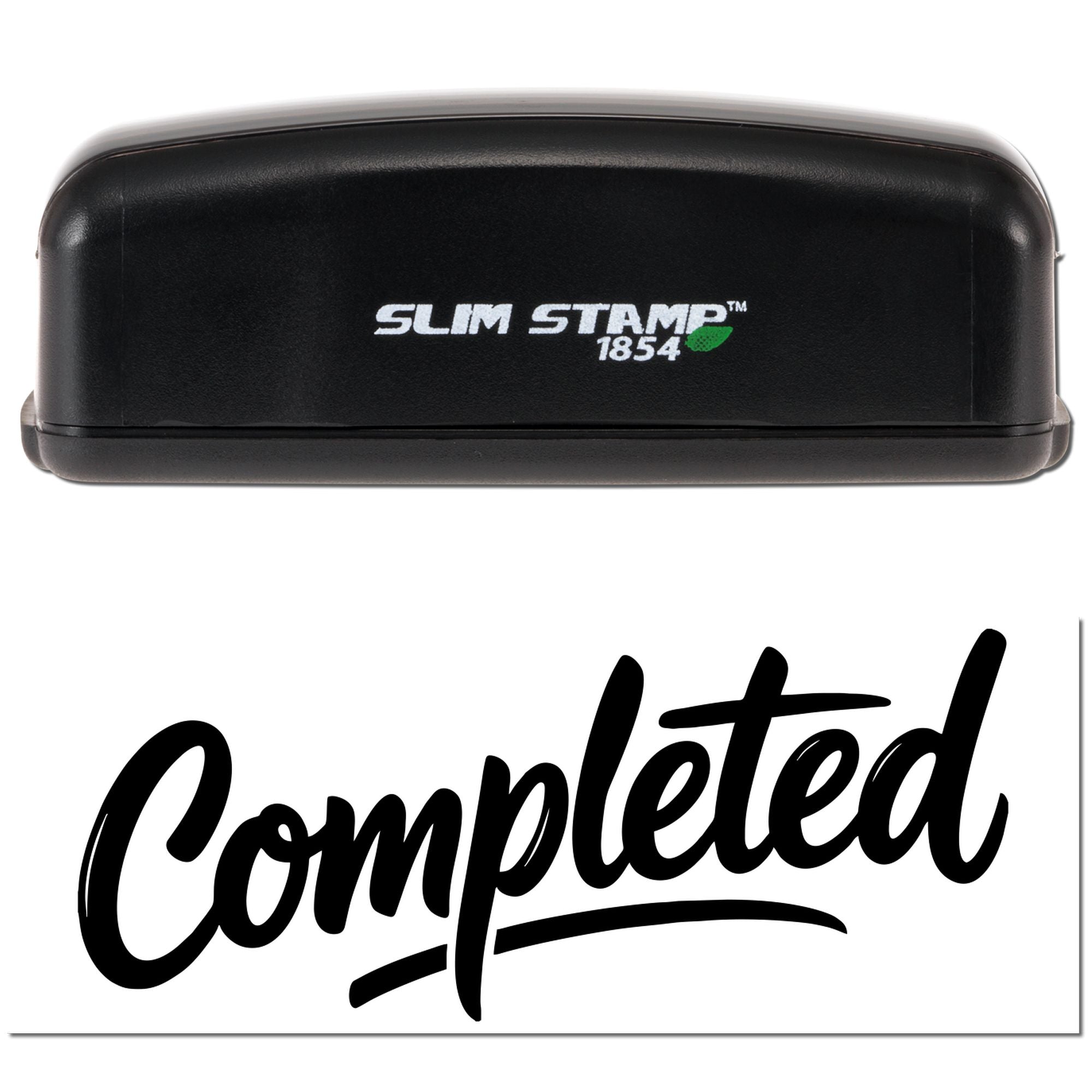 Slim Stamp 1854 self-inking rubber stamp showing a bold Completed imprint for office document approval.