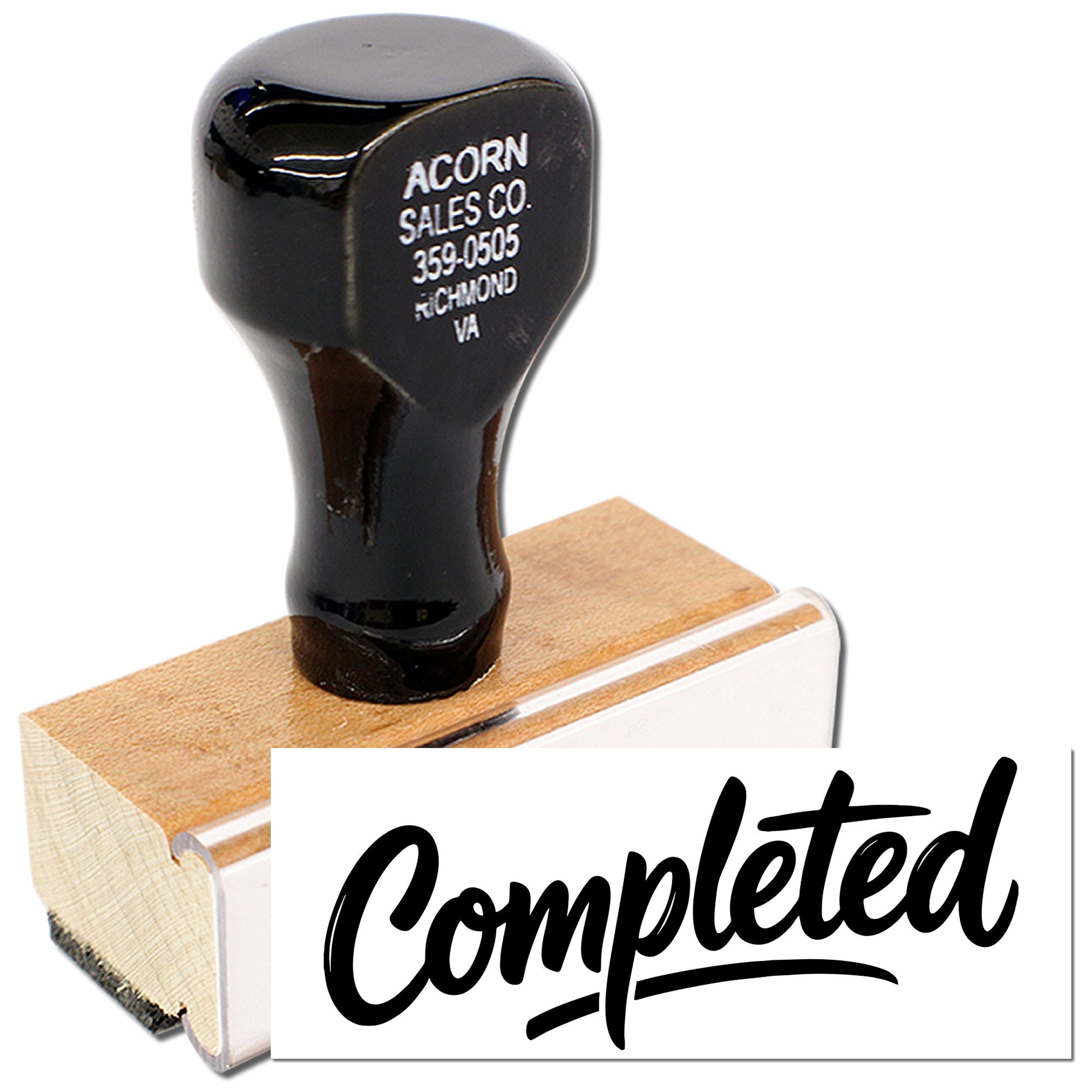 Completed rubber stamp with wooden handle for marking documents, orders, or paperwork as finished.