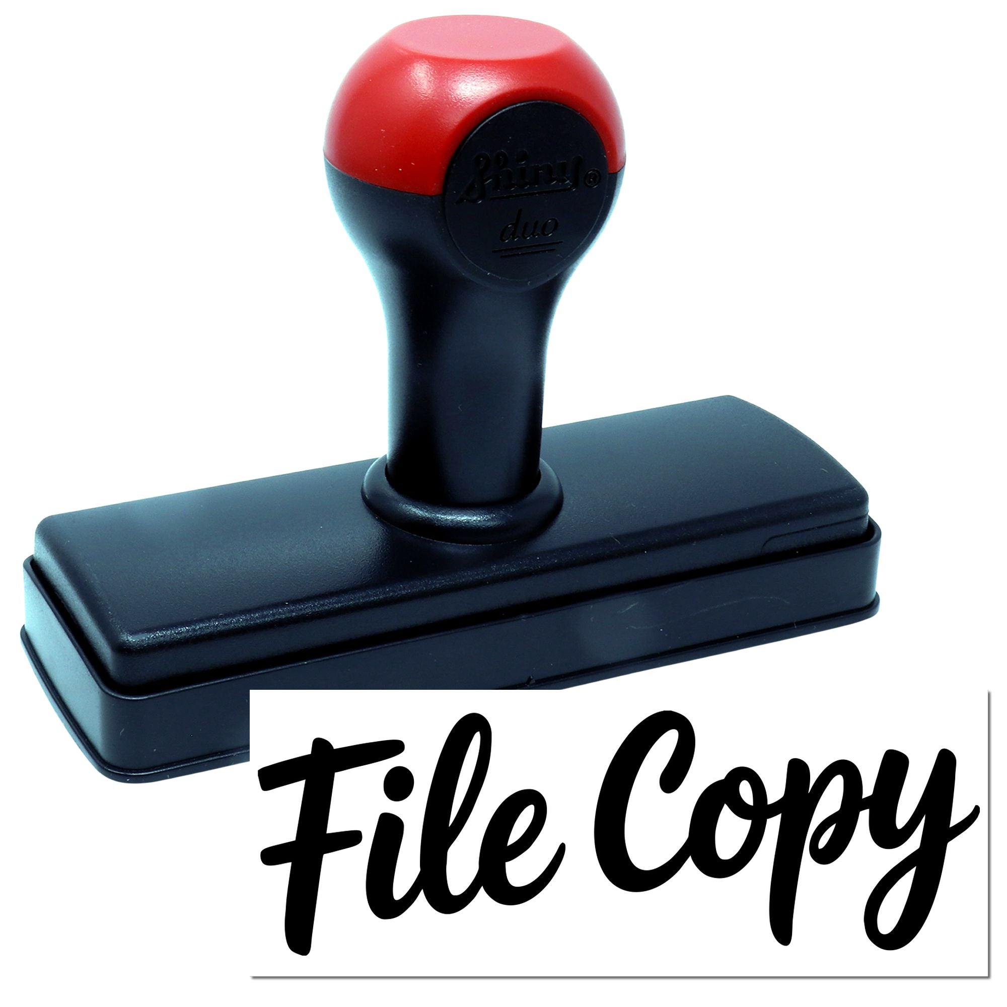 Self-inking rubber stamp with File Copy imprint for office document organization and records labeling.