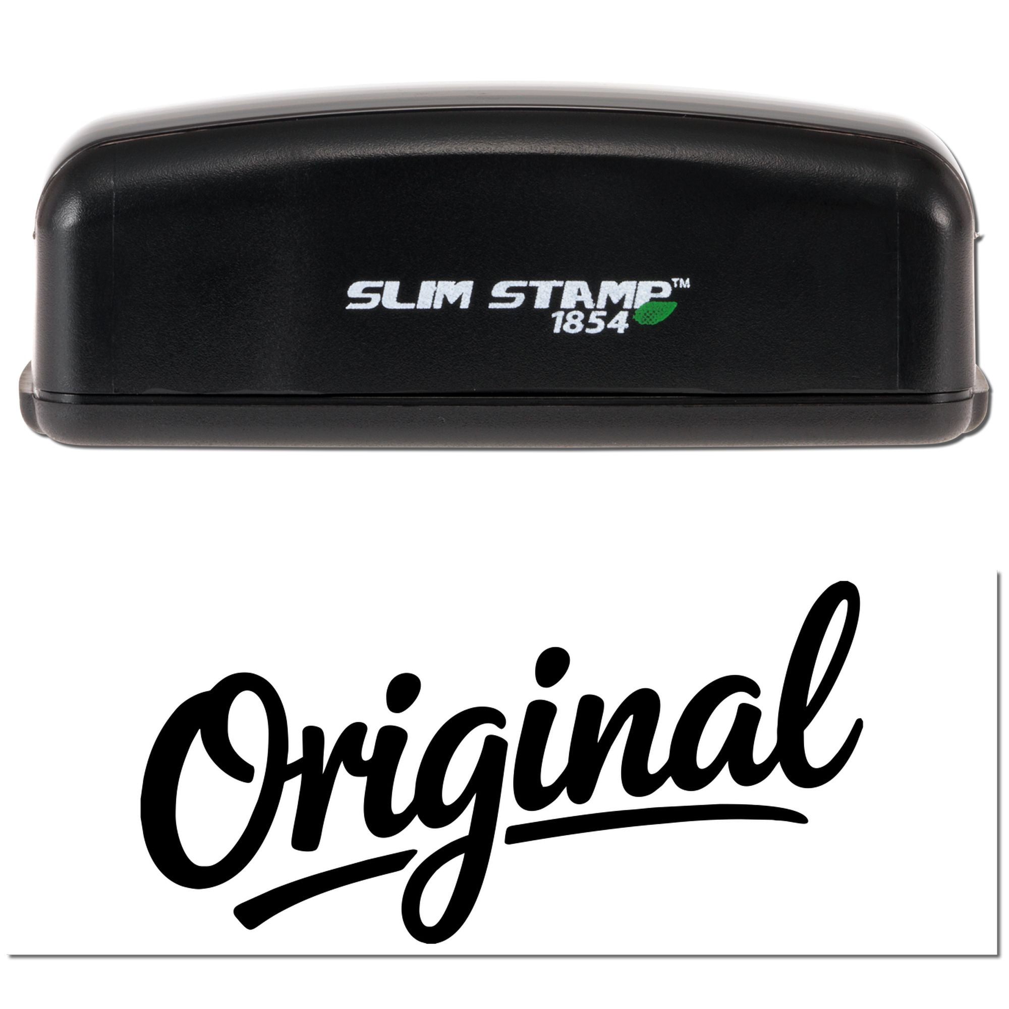 Slim Stamp 1854 self-inking rubber stamp with custom Original script imprint for branding and packaging.