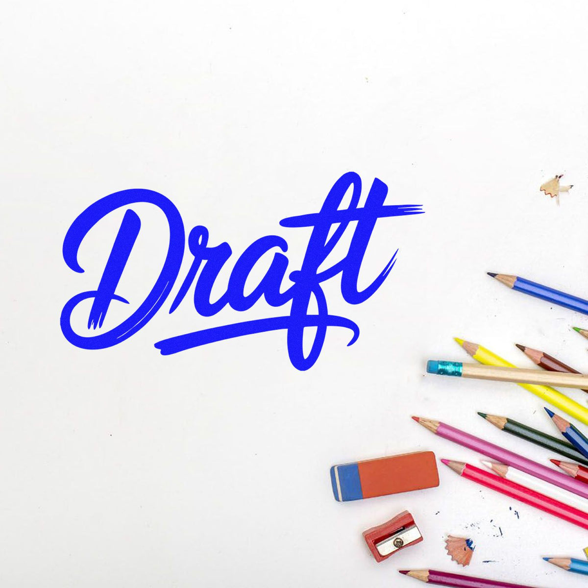 Blue Draft rubber stamp for reviewing documents, shown with pencils, eraser and sharpener on a white background.