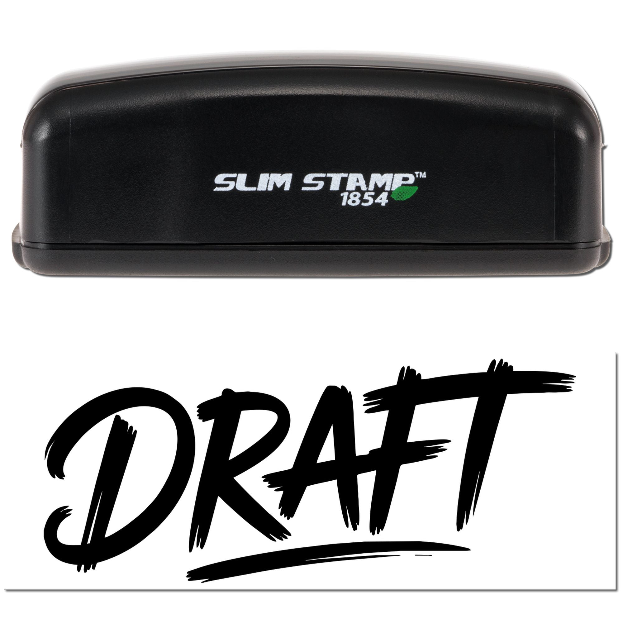 Slim Stamp 1854 self-inking rubber stamp with bold Draft imprint for document review and approval marking.