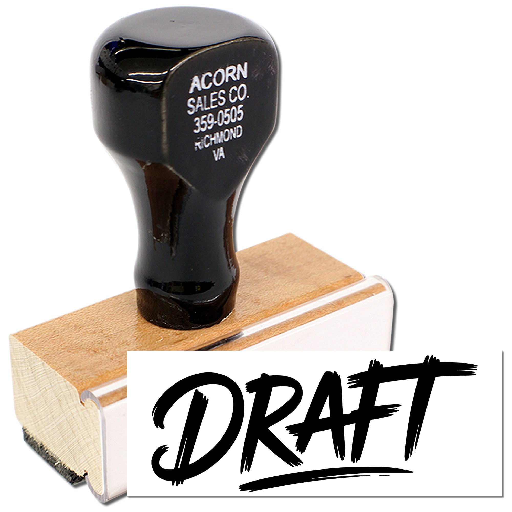 Draft rubber stamp with wooden handle for marking documents, proofs, and office paperwork.