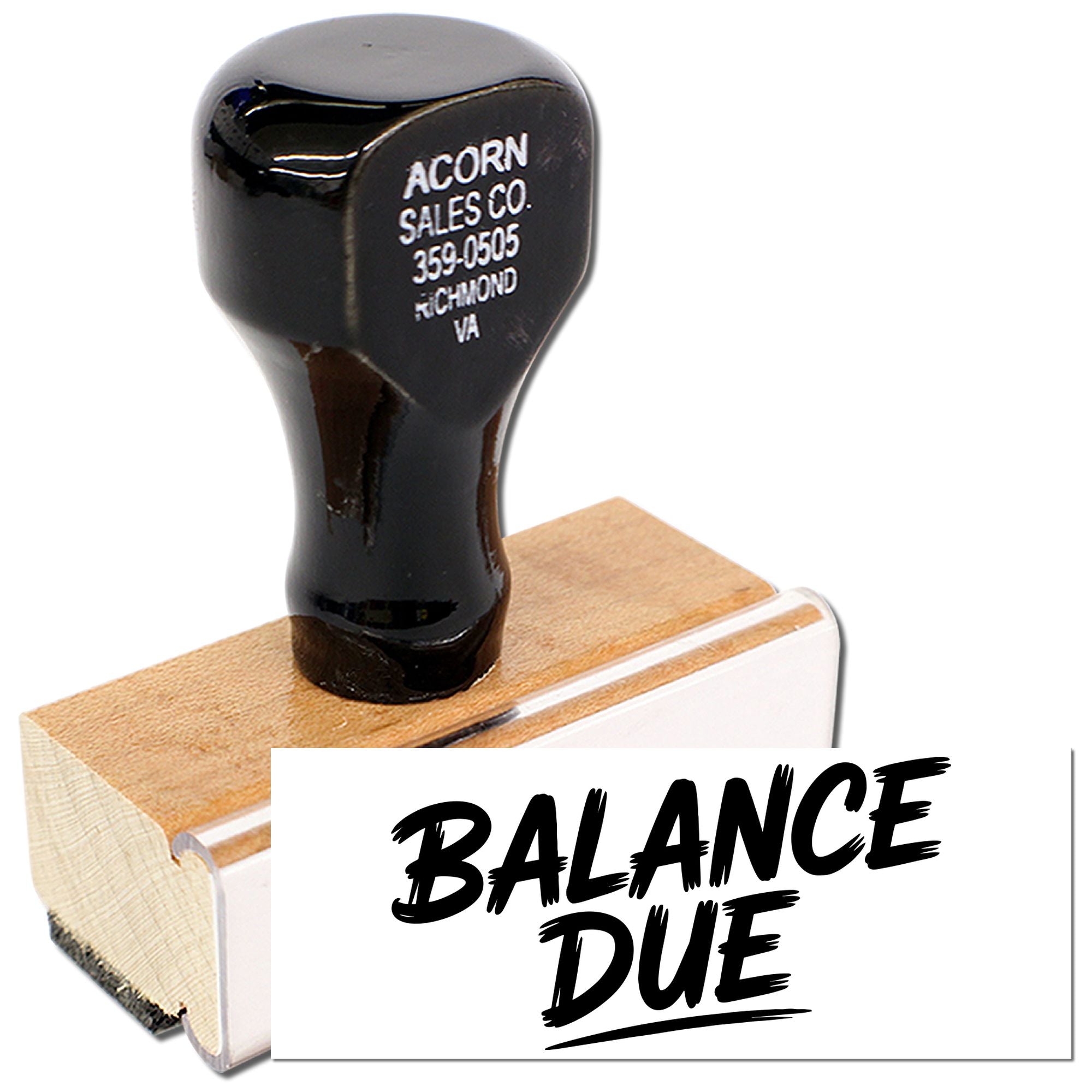 Balance Due rubber stamp on wooden handle, ideal for invoices, billing, and overdue payment notices.