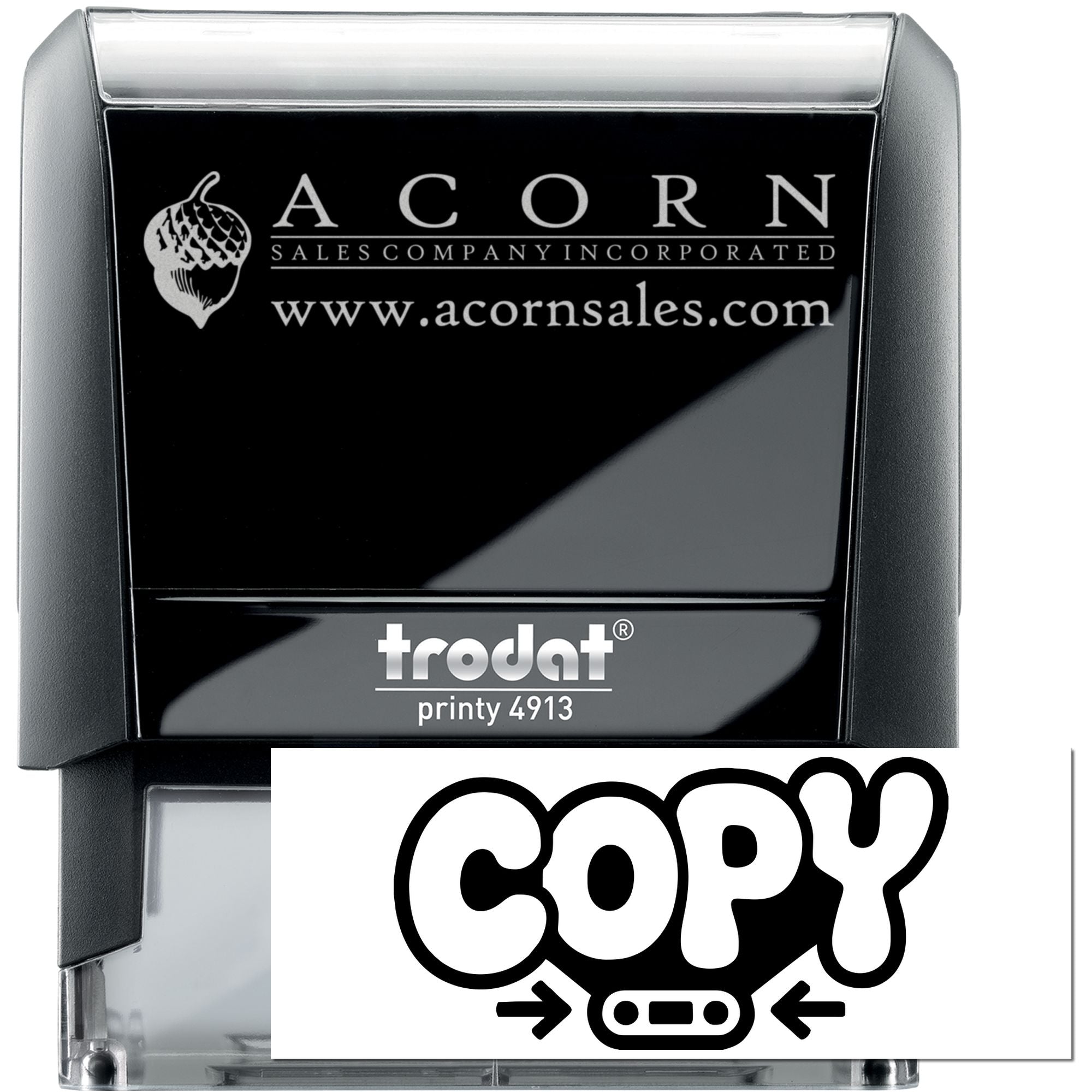 Trodat Printy 4913 self-inking rubber stamp with custom Acorn Sales logo and COPY imprint for office documents.