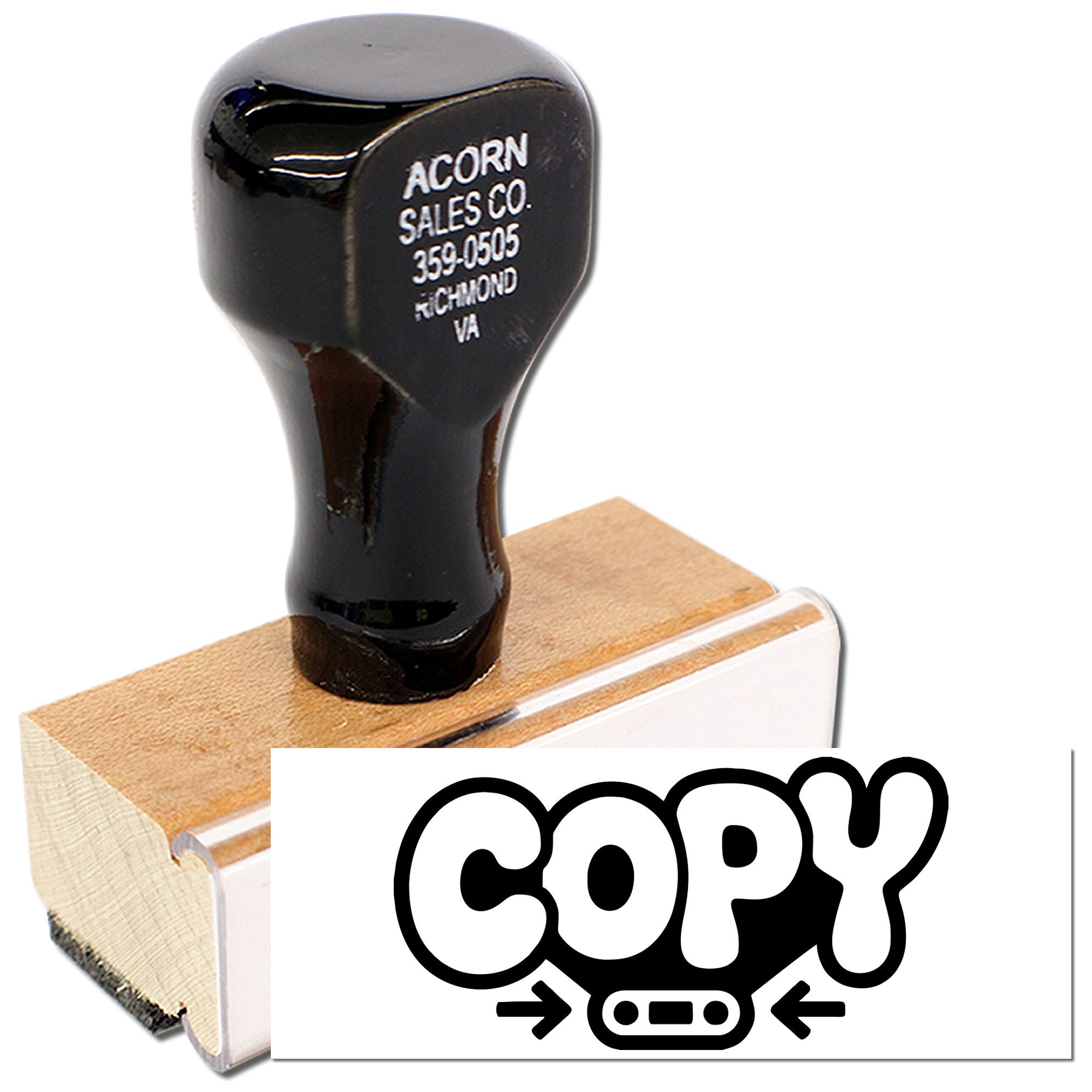 Custom COPY rubber stamp with wooden handle for marking duplicate documents and files.
