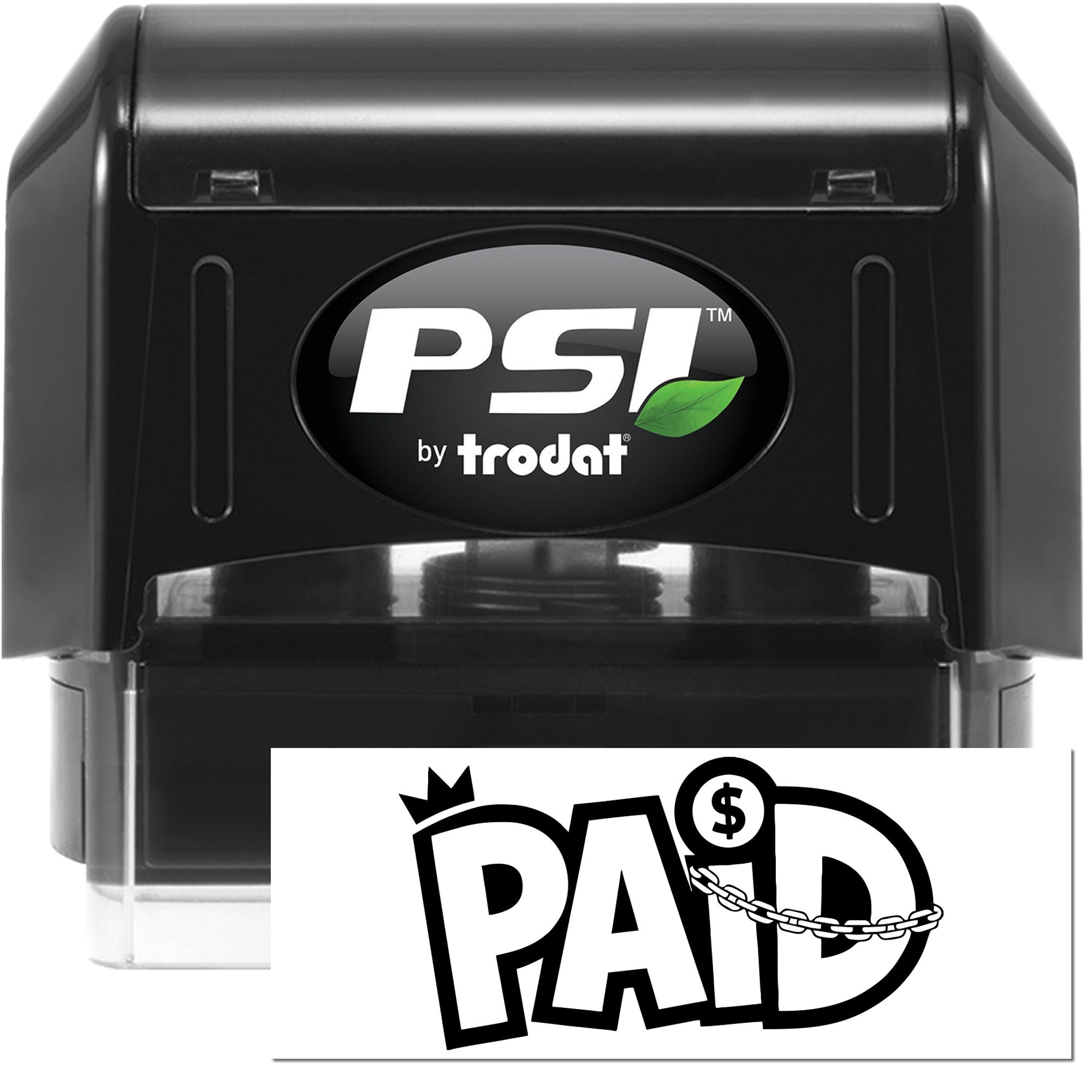 PSI by Trodat self-inking rubber stamp with custom PAID impression for office billing and payment processing.