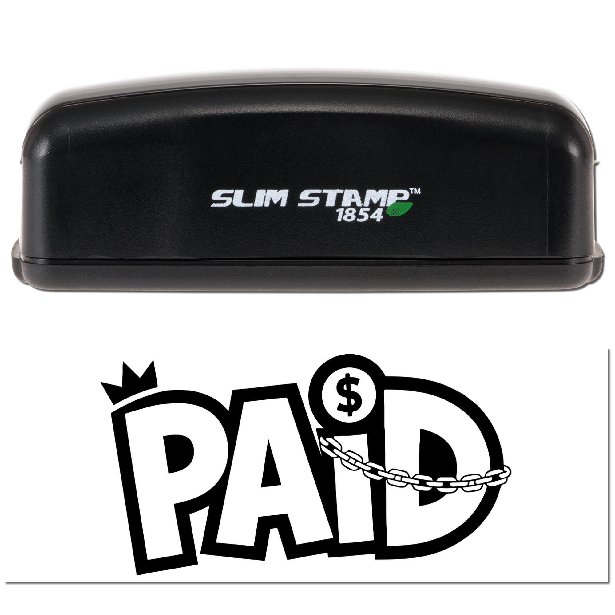 Slim Stamp 1854 rubber stamp with bold PAID design and chain graphic for marking invoices as paid.
