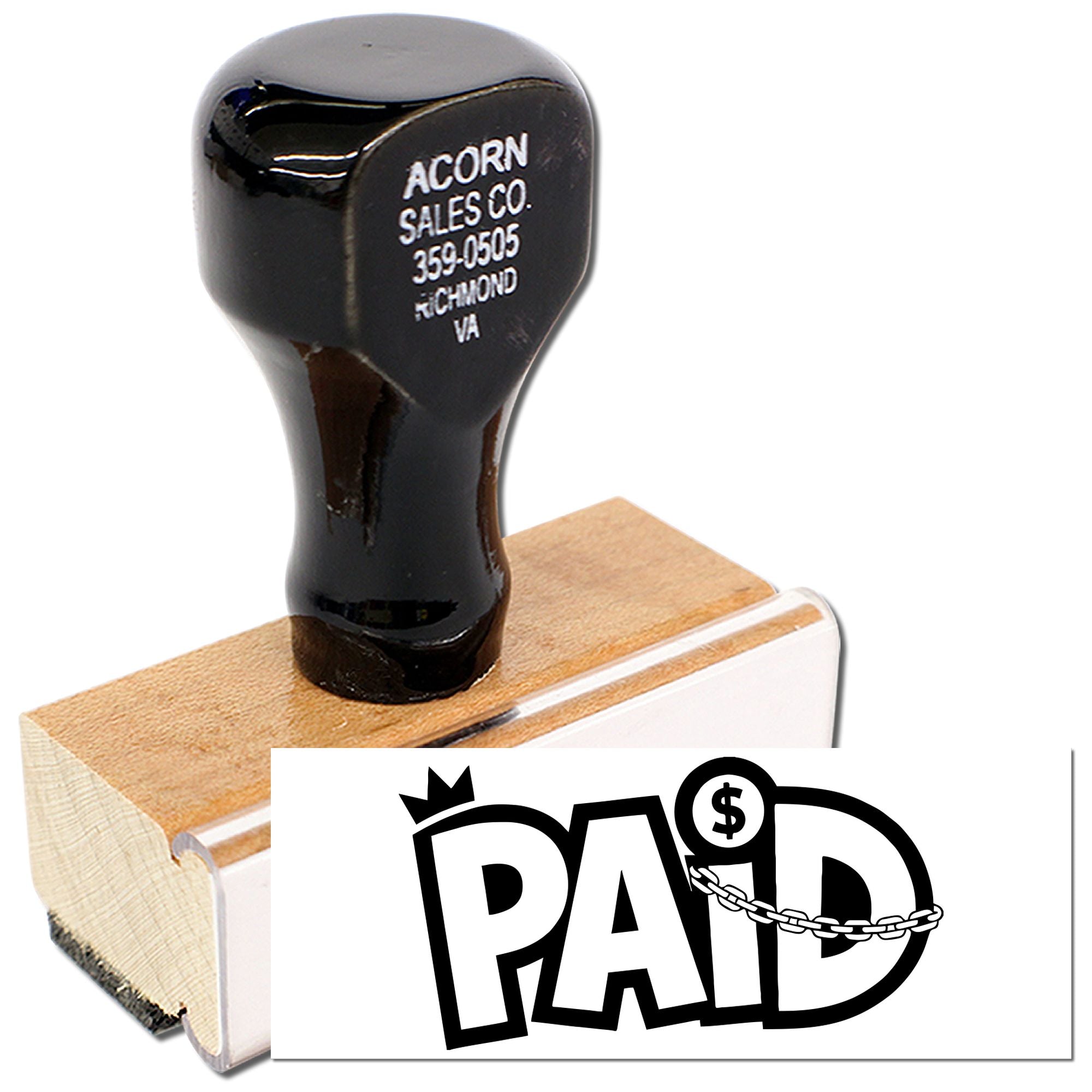 Custom wood-handled PAID rubber stamp for marking invoices, receipts, and business documents quickly.