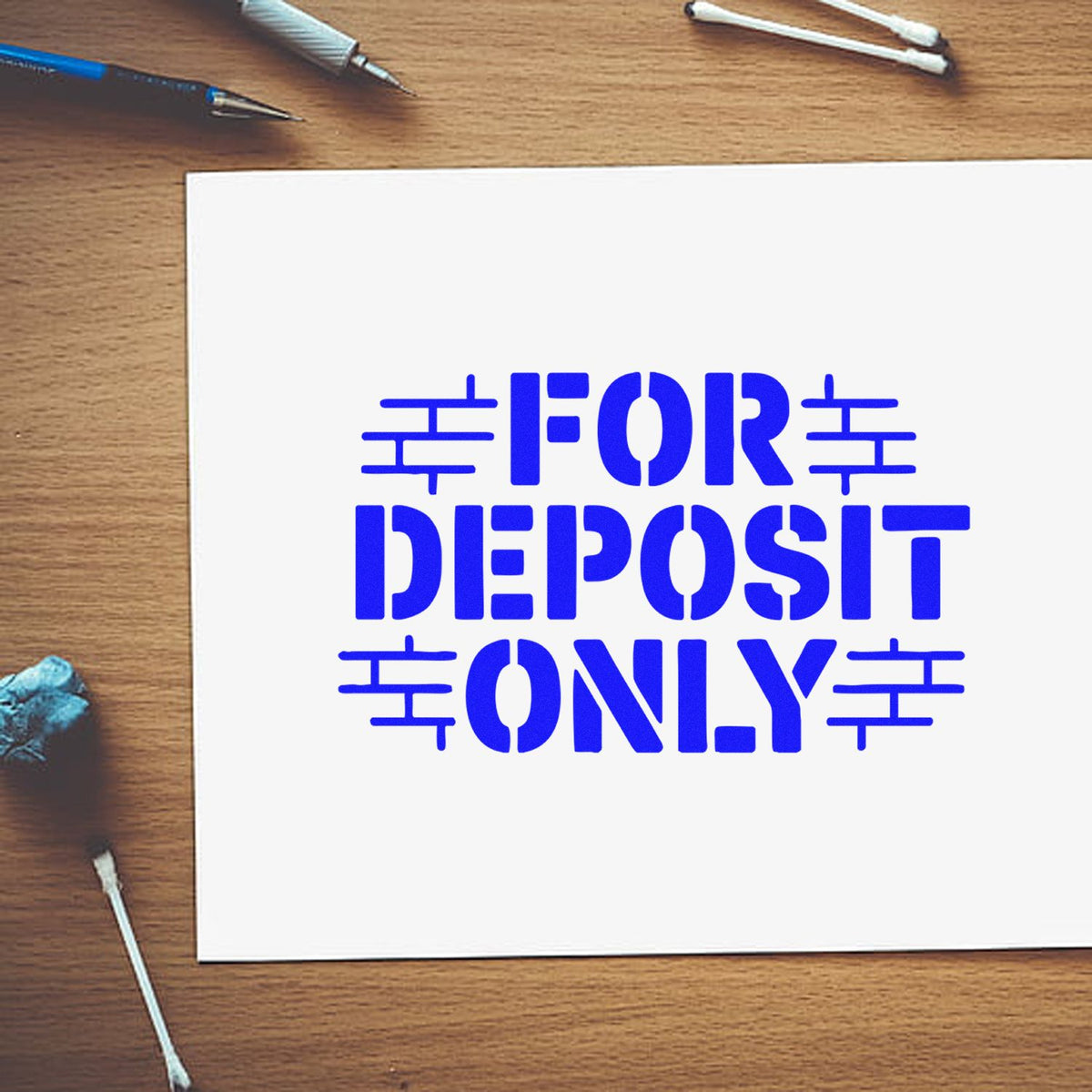 For Deposit Only rubber stamp design for business check endorsement and bank deposit processing.