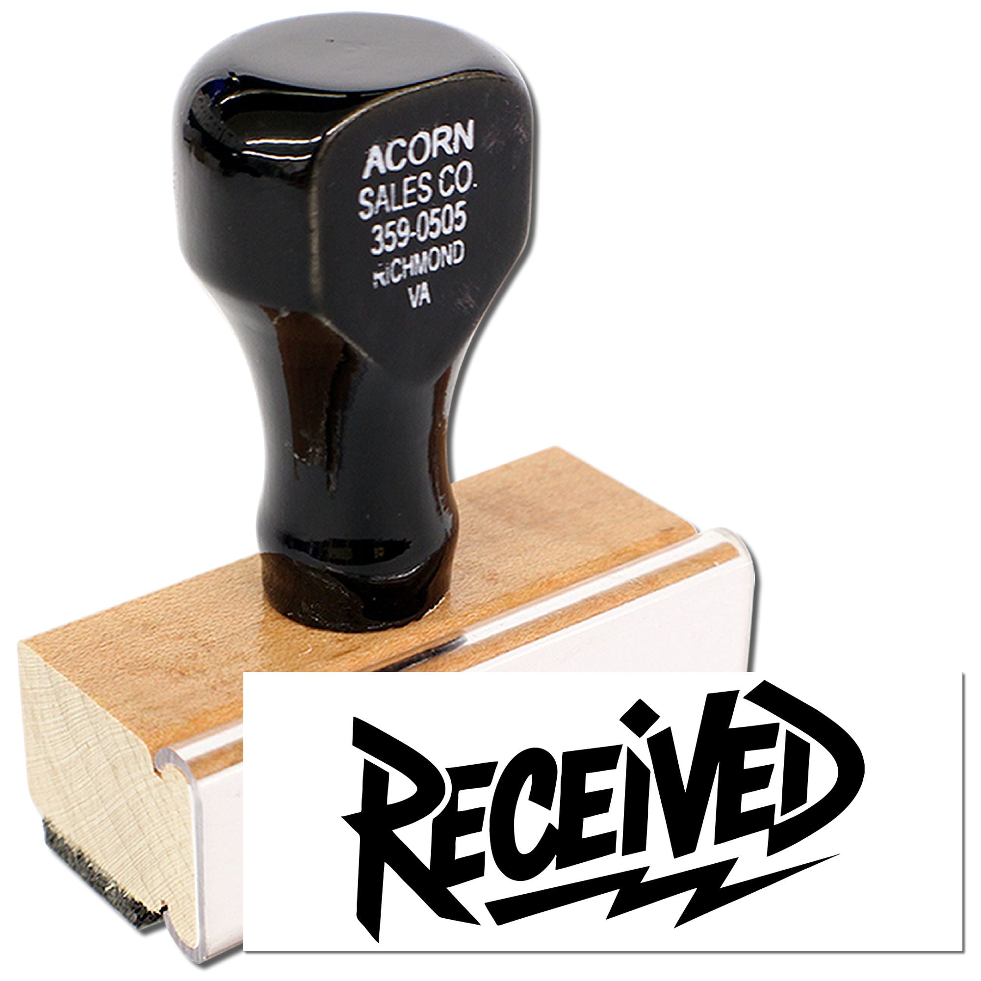 Custom Received rubber stamp with wooden handle for office document approval and mail processing.
