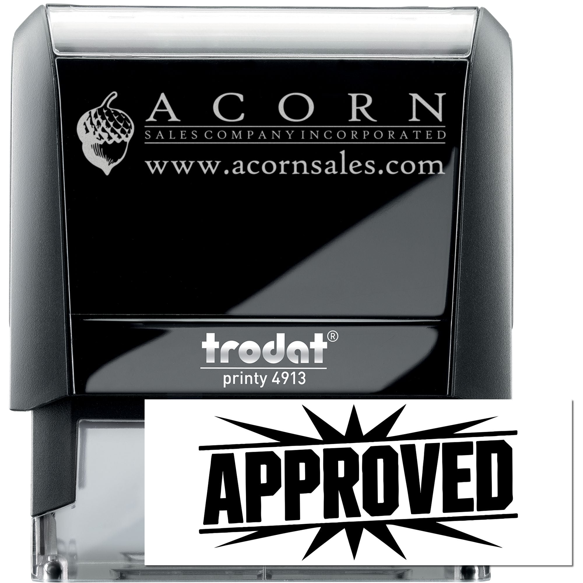 Approved custom self-inking rubber stamp proof for Acorn Sales Company, Trodat Printy 4913 with logo and website.