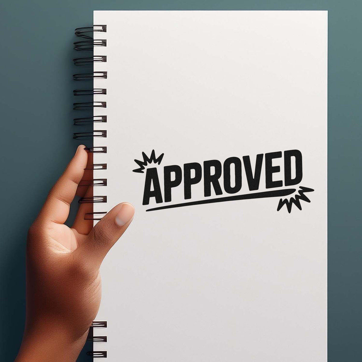 Hand holding spiral notebook with bold APPROVED rubber stamp for document approval and office workflow.
