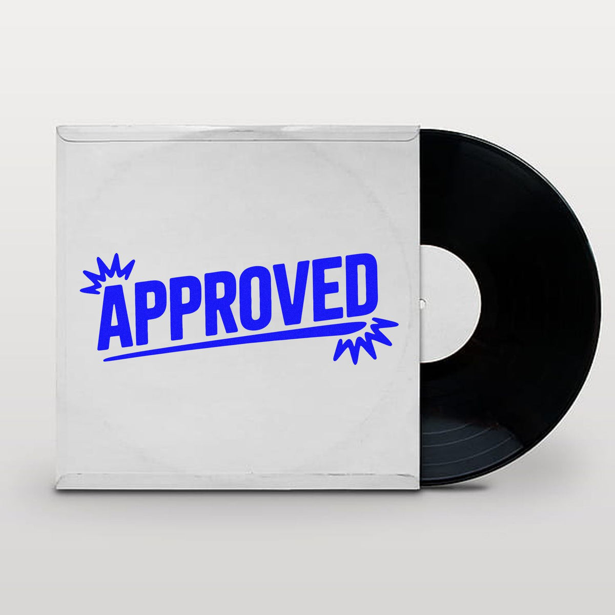 Blue APPROVED rubber stamp on record sleeve, ideal for marking documents and creative projects.