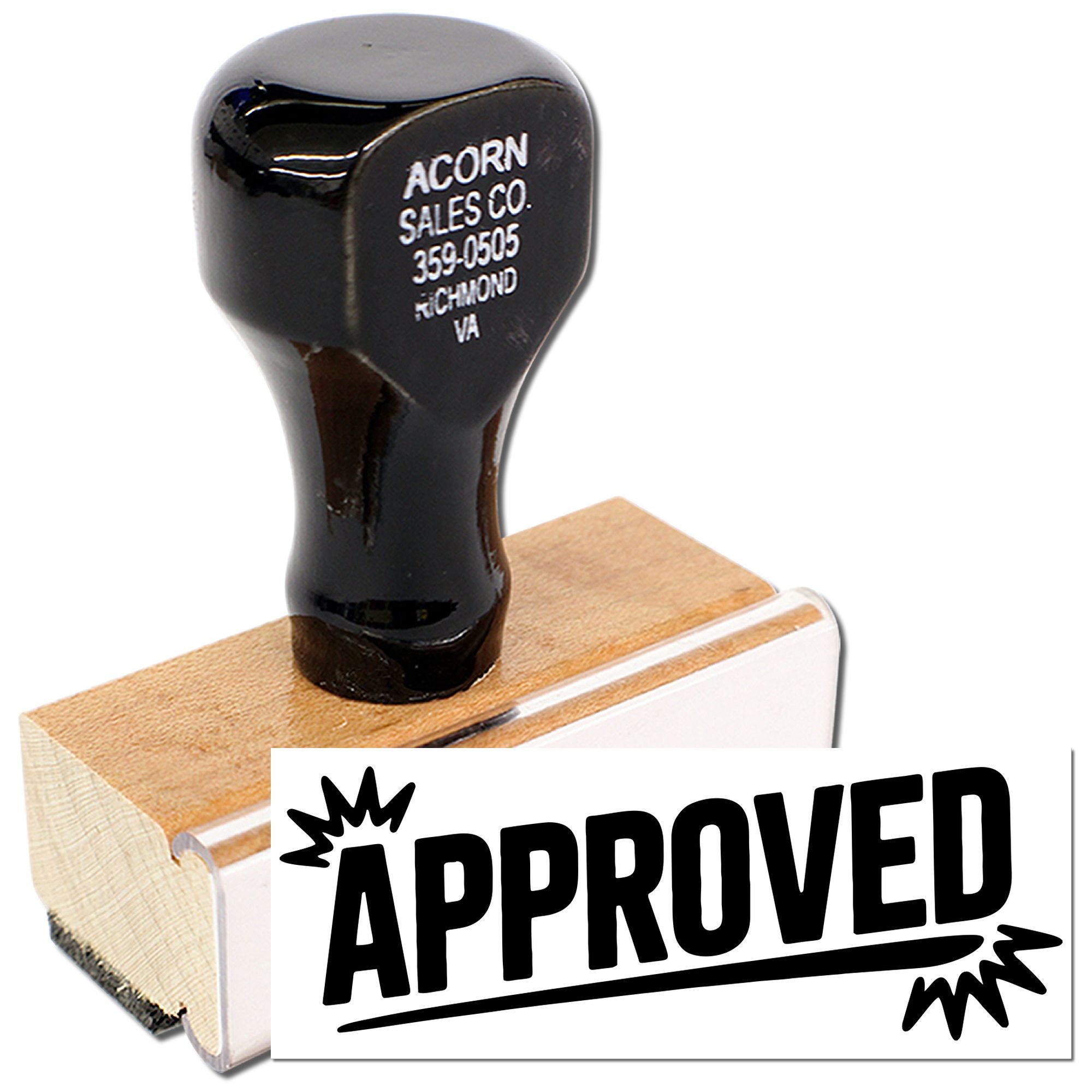 Approved rubber stamp with wooden handle for office document approval imprint