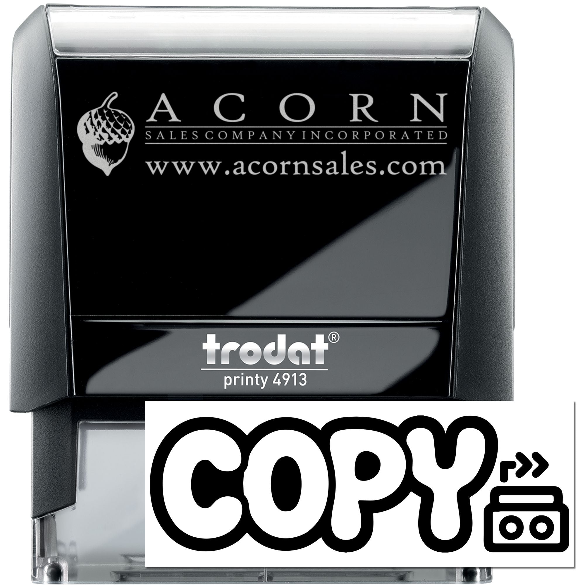 Custom logo rubber stamp for Acorn Sales Company, Trodat Printy 4913 self-inking model with website imprint