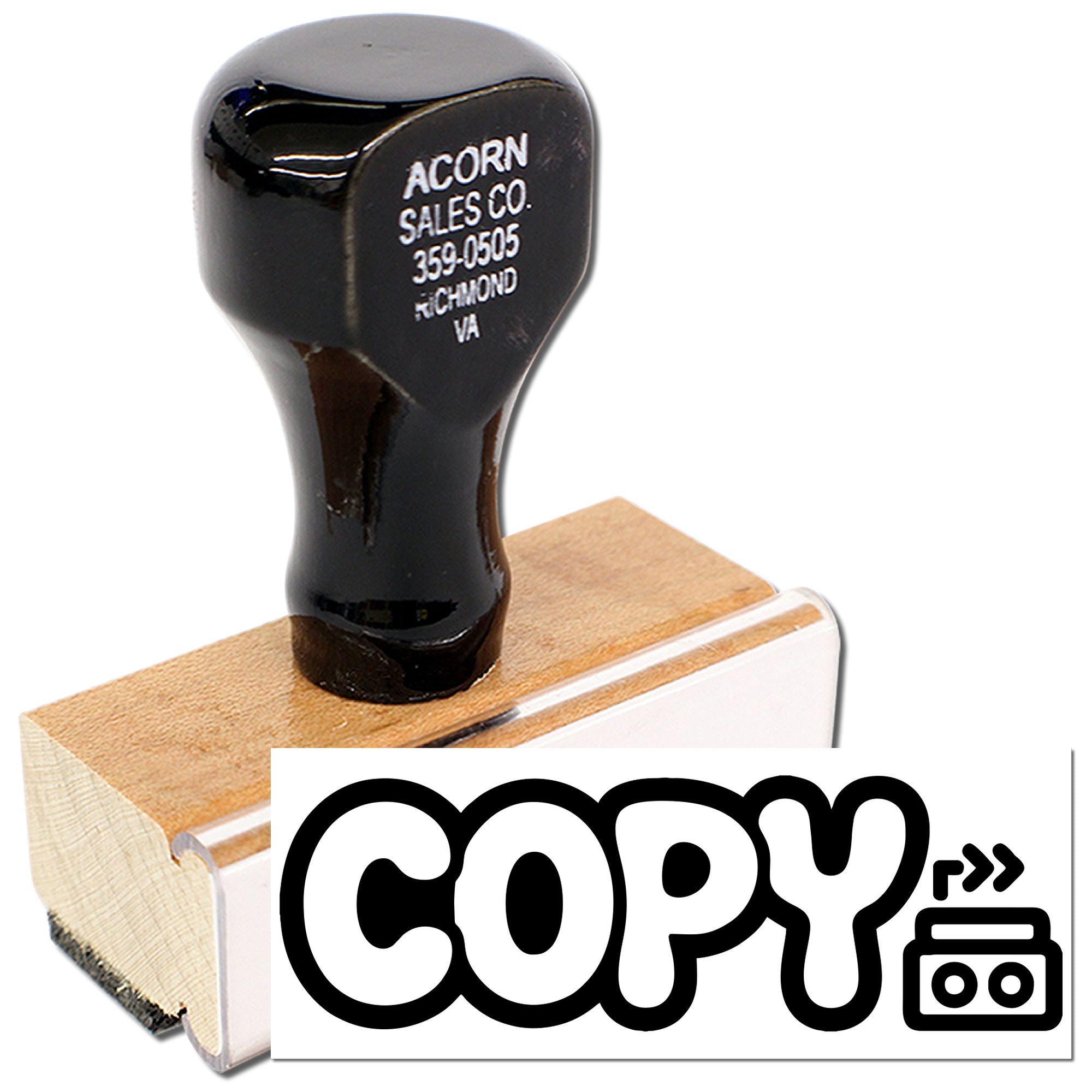 Custom wooden business rubber stamp with company address and copy mark for office documents