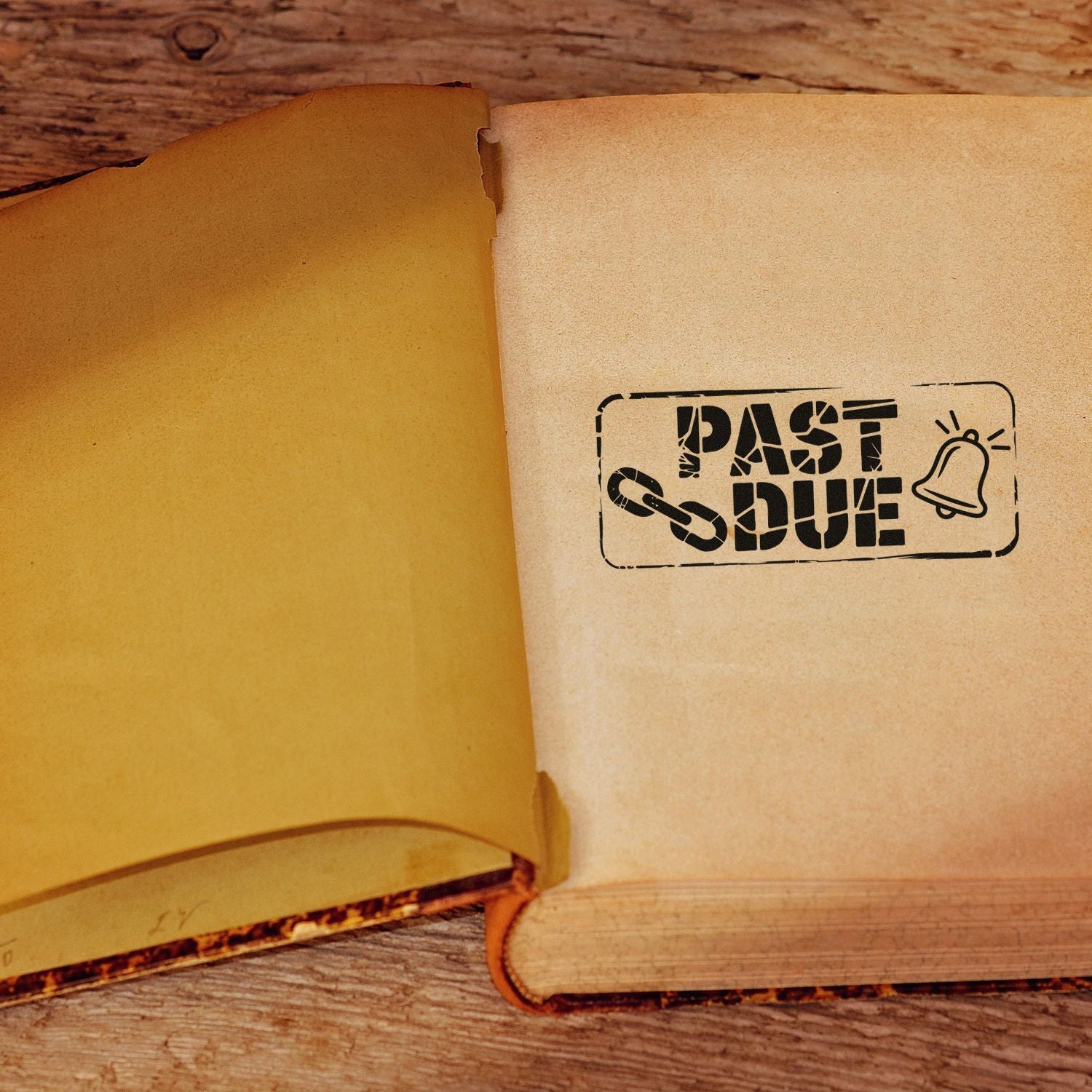 Past Due rubber stamp on vintage paper with chain and bell icon