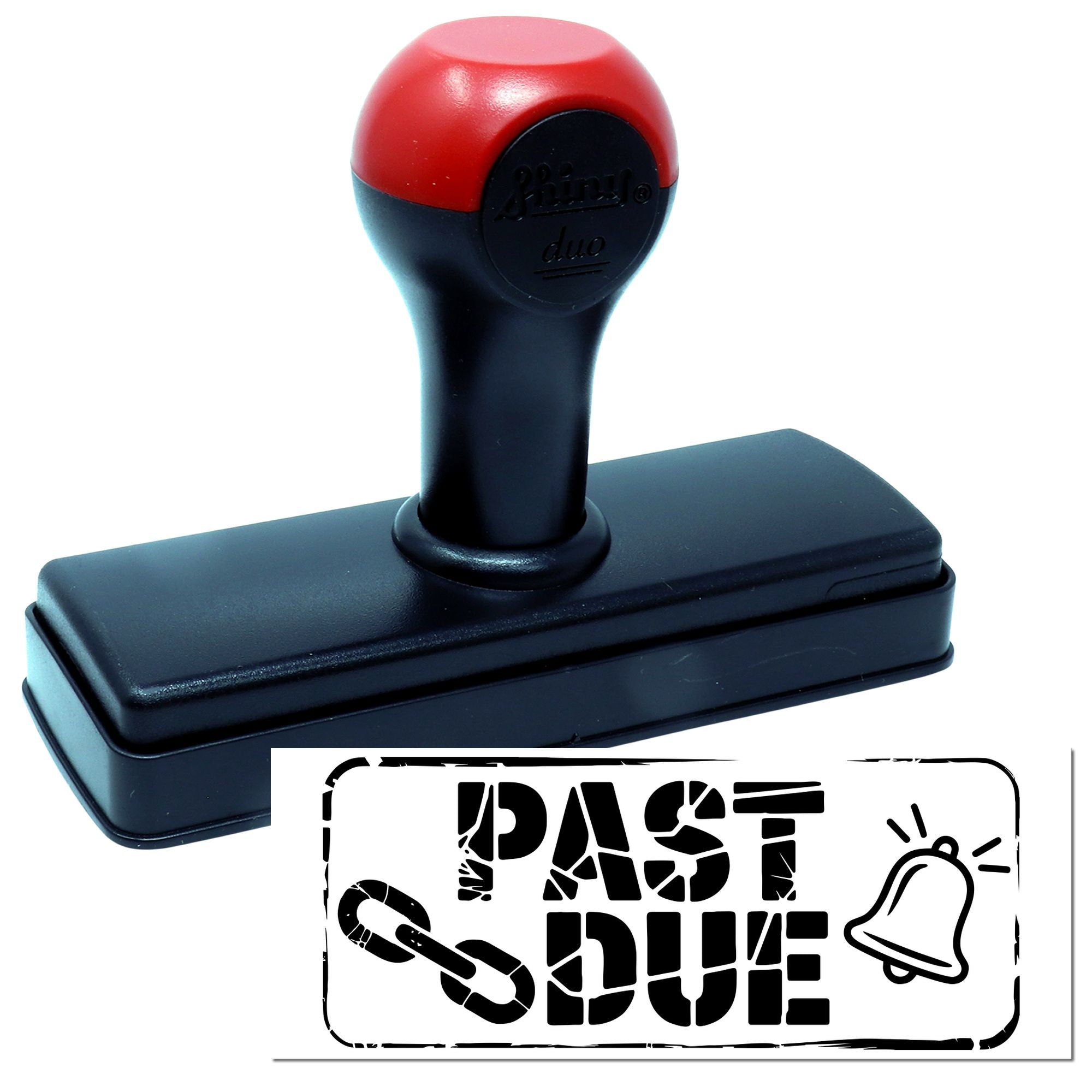Self-inking rubber stamp with PAST DUE imprint and bell icon for overdue notices and office filing.