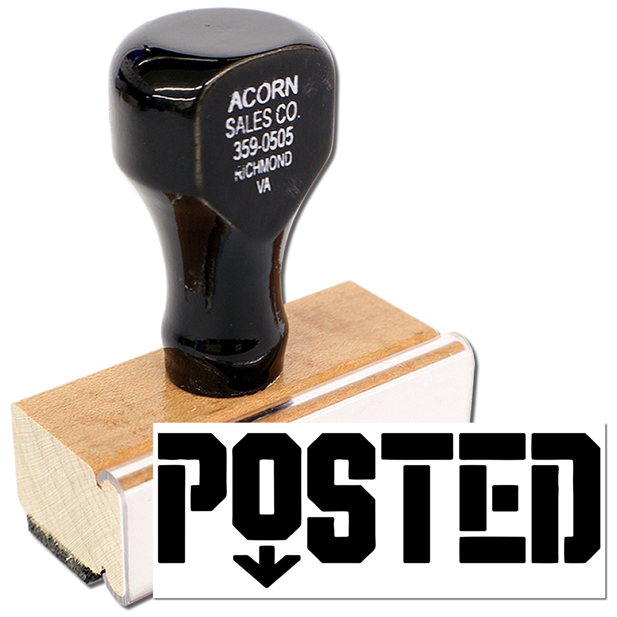 Custom POSTED rubber stamp with wood handle for marking mail, invoices, and office documents.