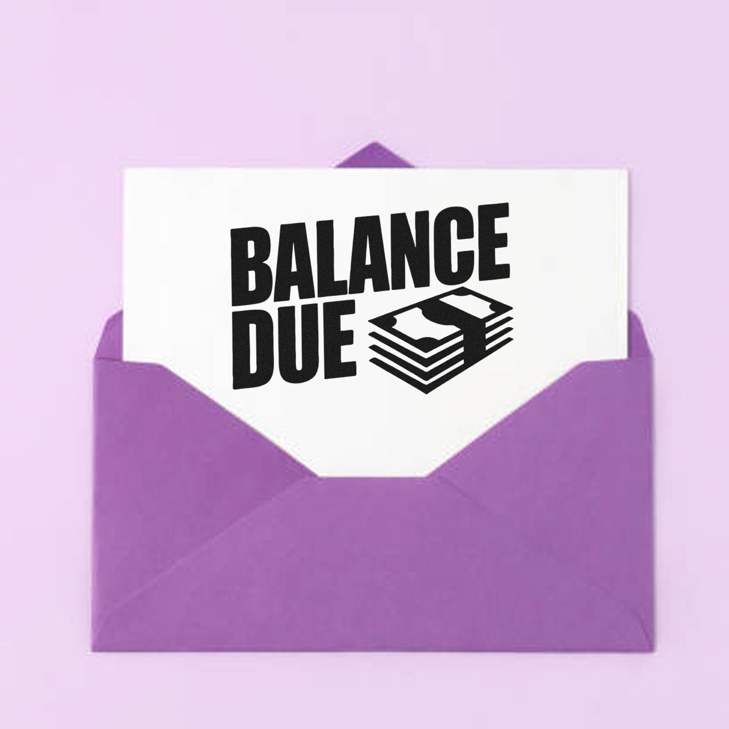 Balance due rubber stamp design on purple envelope for invoice reminders and billing notices